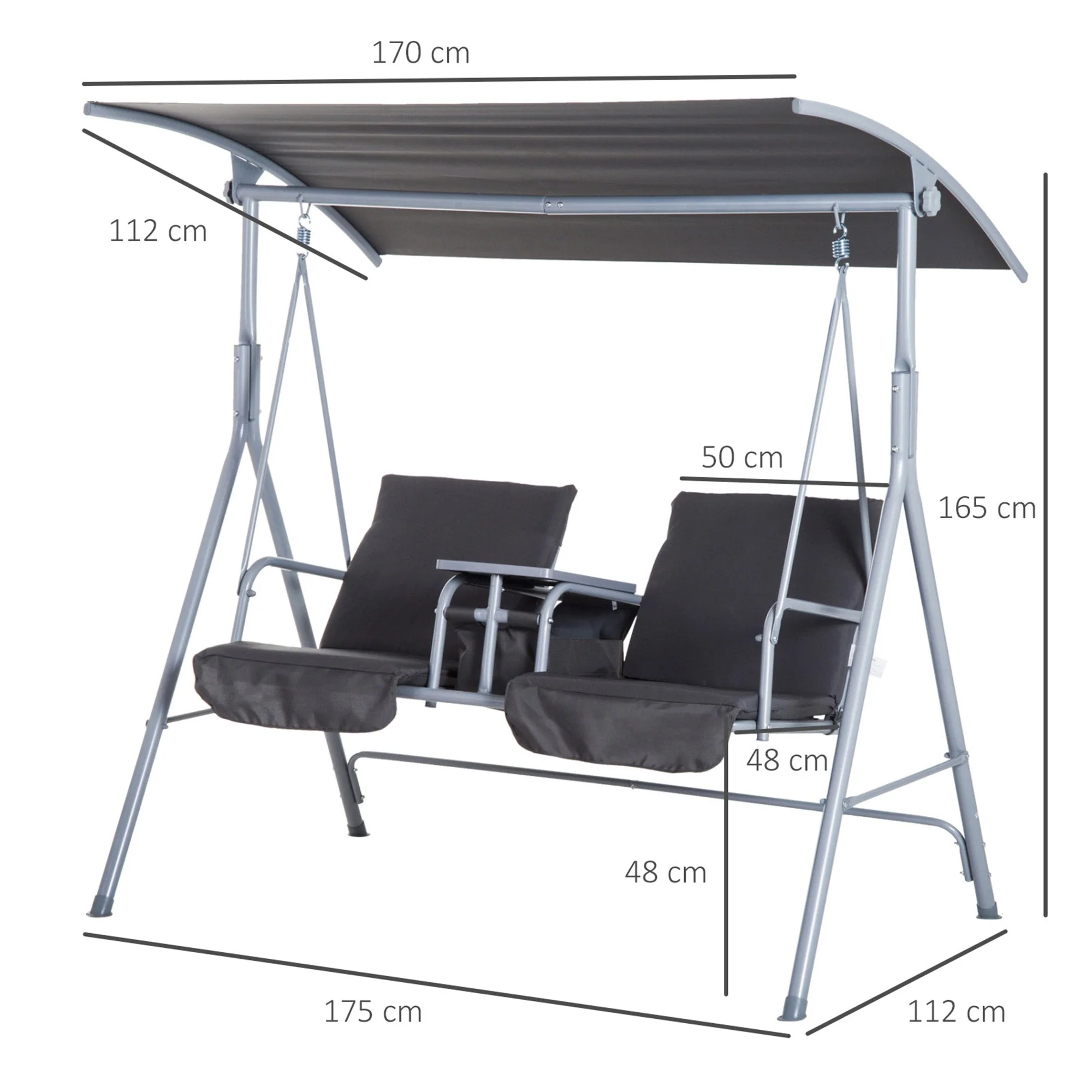 Steel Frame 2 Seater Swing Chair w/ Table Grey - Image 3