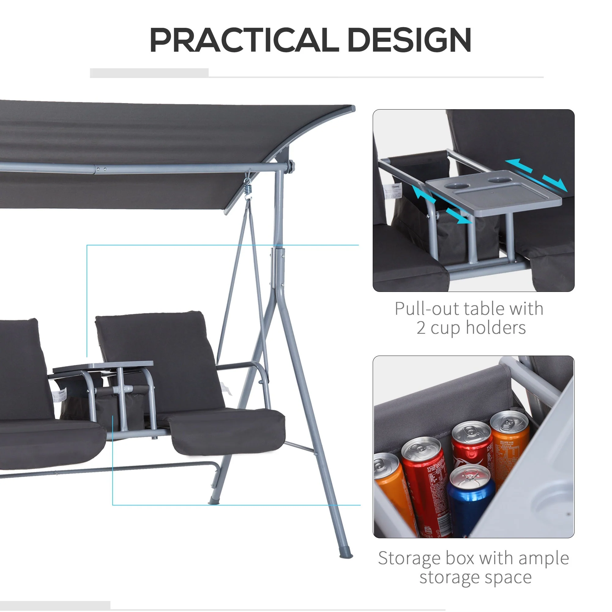 Steel Frame 2 Seater Swing Chair w/ Table Grey - Image 5