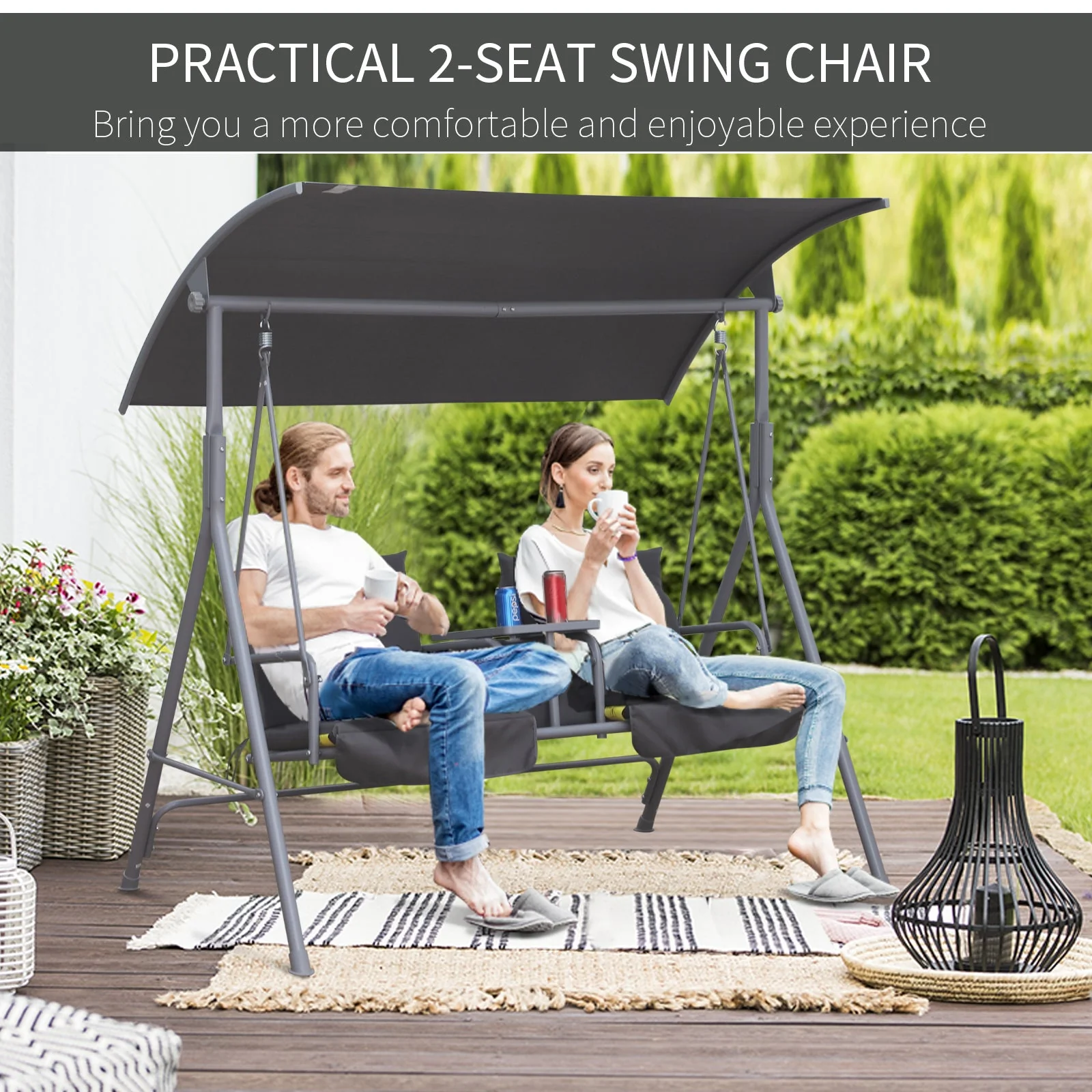Steel Frame 2 Seater Swing Chair w/ Table Grey - Image 7