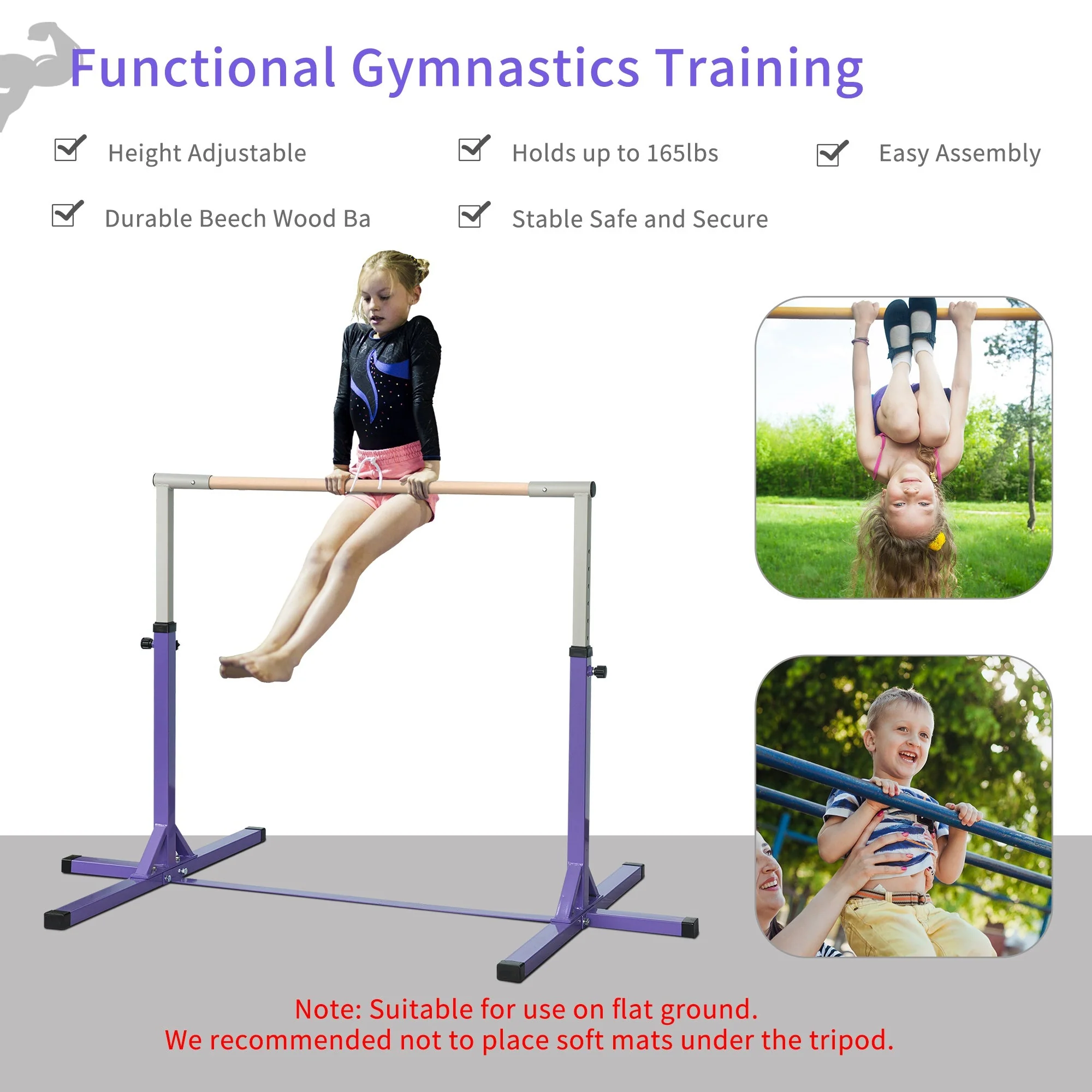 Steel Frame Adjustable Horizonal Gymnastics Bar For Kids Home Gym Training Purple - Image 4
