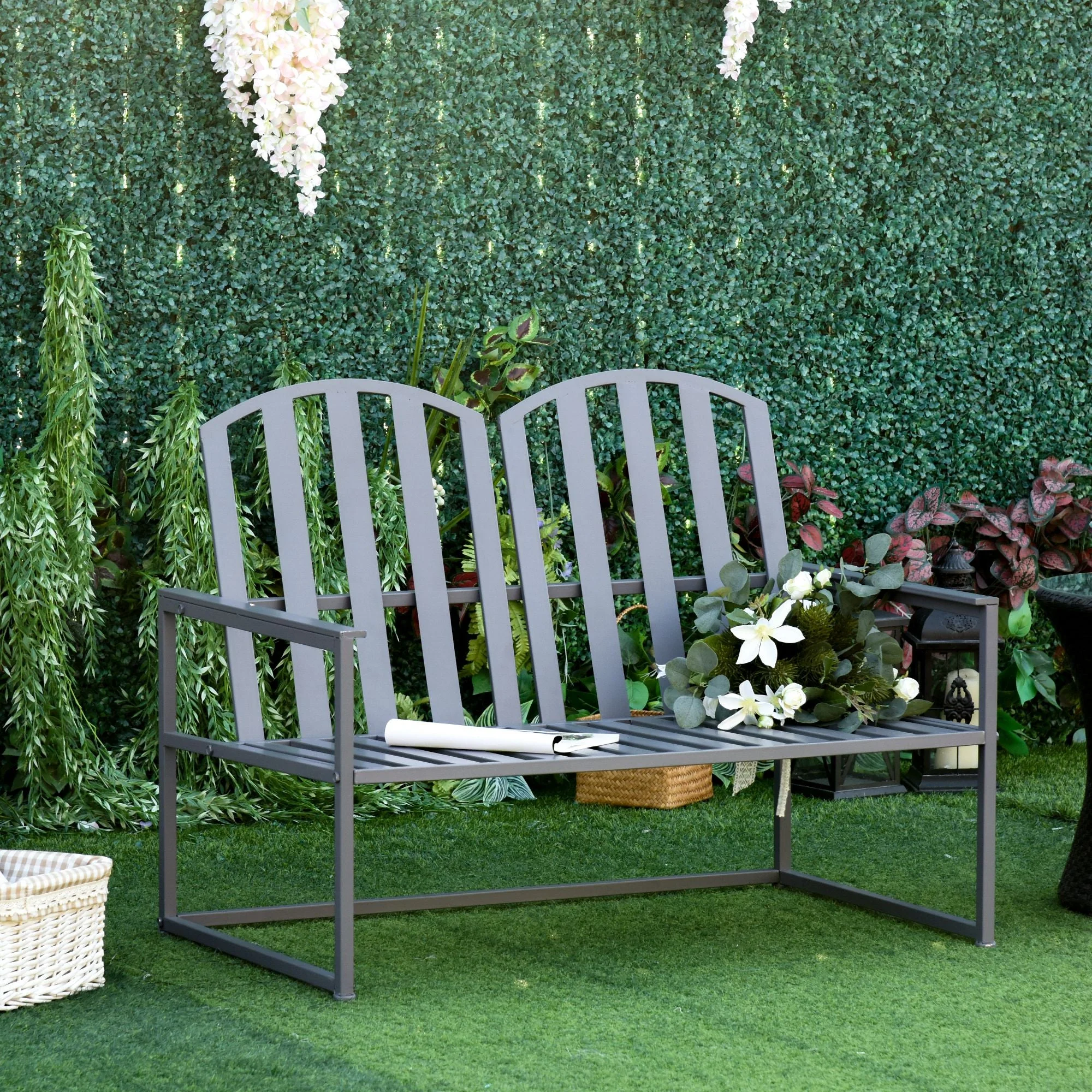Steel Patio Garden Bench Loveseats for Outdoors Park Yard Slatted Design Grey - Image 2