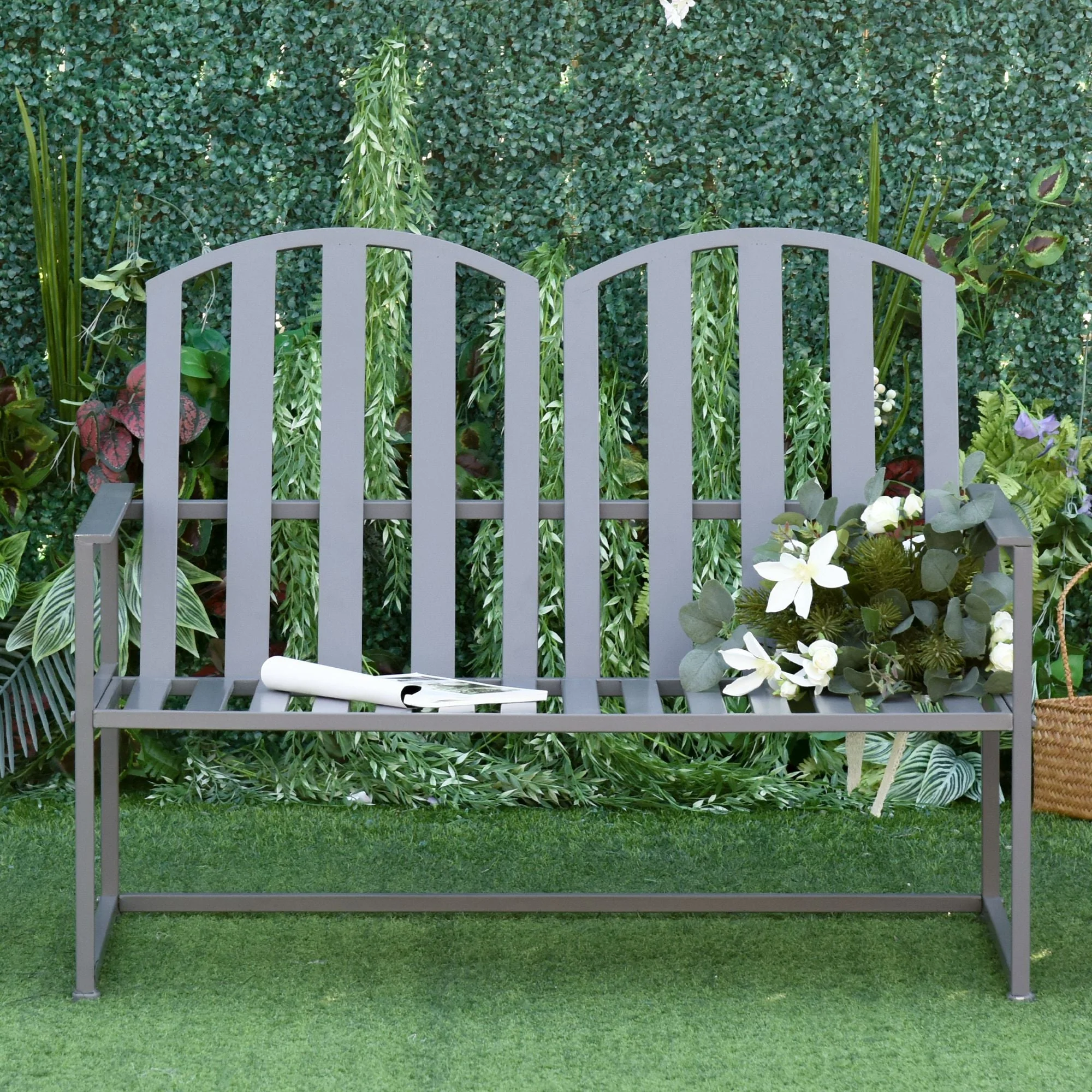 Steel Patio Garden Bench Loveseats for Outdoors Park Yard Slatted Design Grey - Image 4