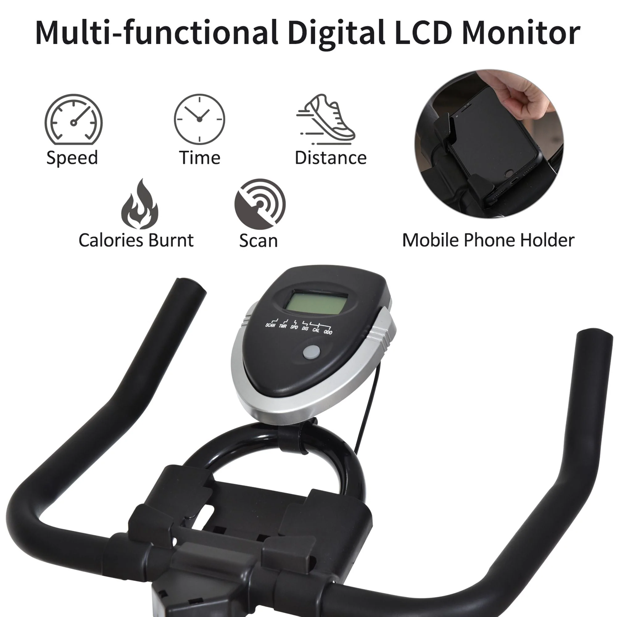 Steel Stationary Bike 8-Level Belt Driven Exercise Bike w/ LCD Monitor Black - Image 4