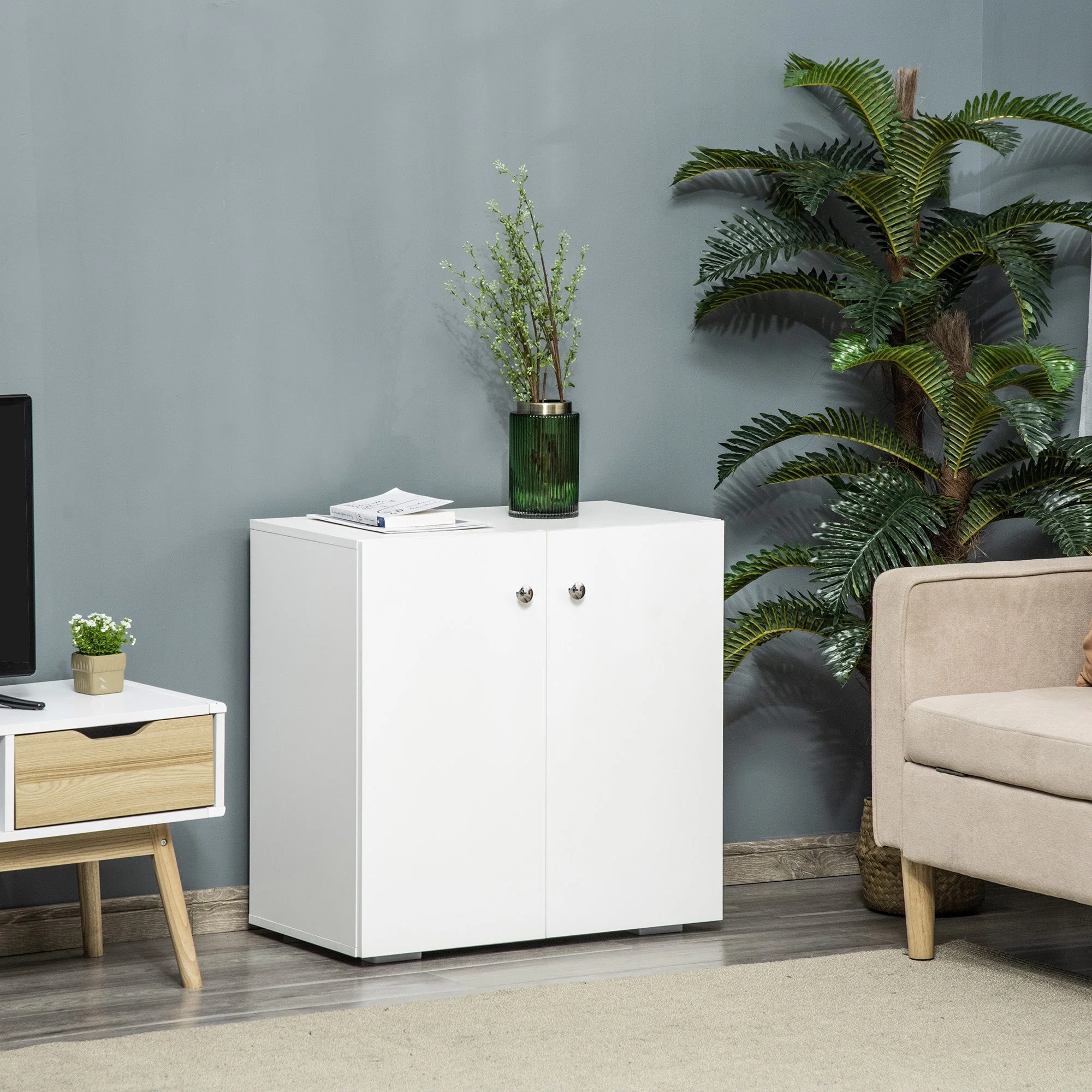 Storage Cabinet w/ Two Shelves Wooden Sideboard Freestanding Kitchen Cupboard Bookcase - White - Image 2