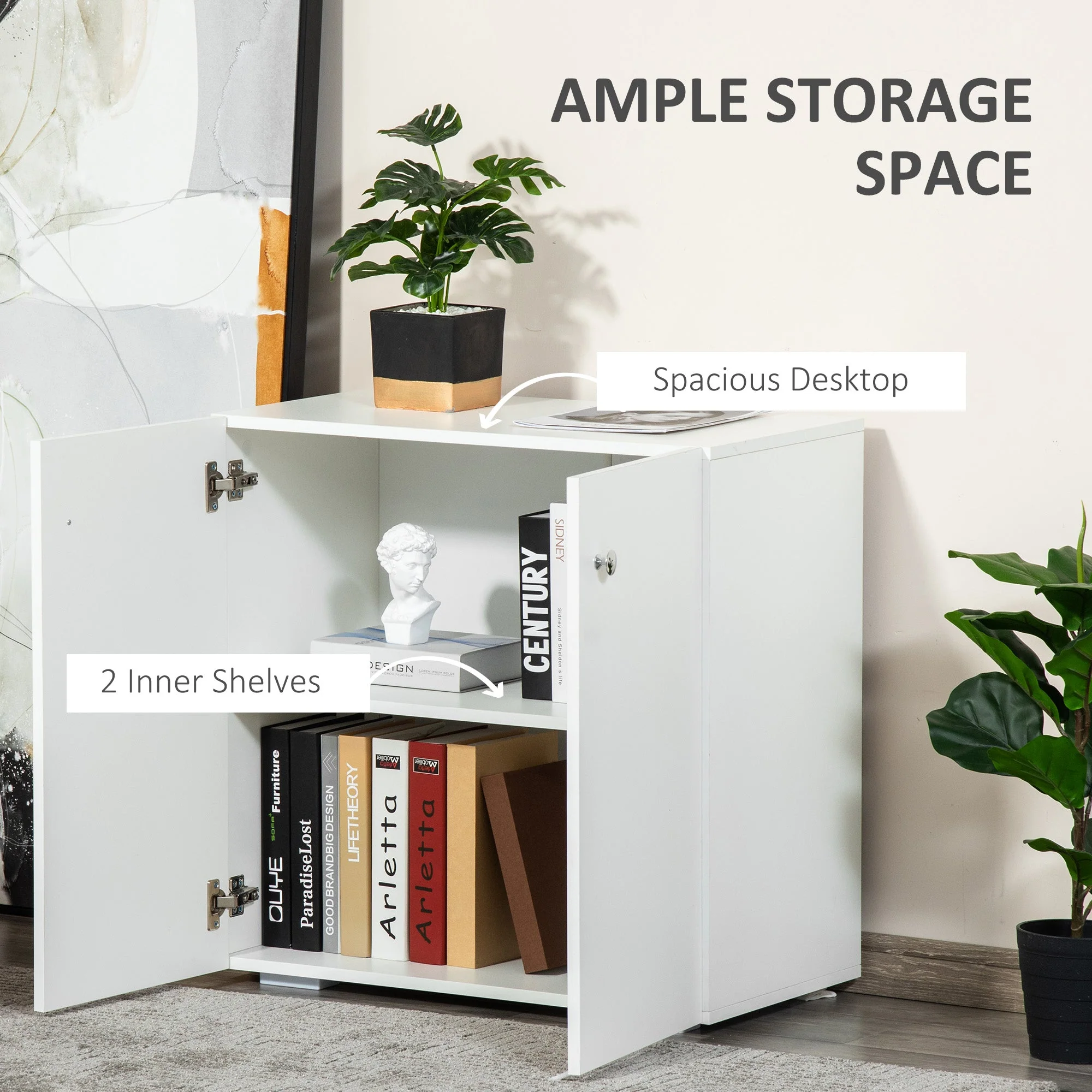 Storage Cabinet w/ Two Shelves Wooden Sideboard Freestanding Kitchen Cupboard Bookcase - White - Image 4