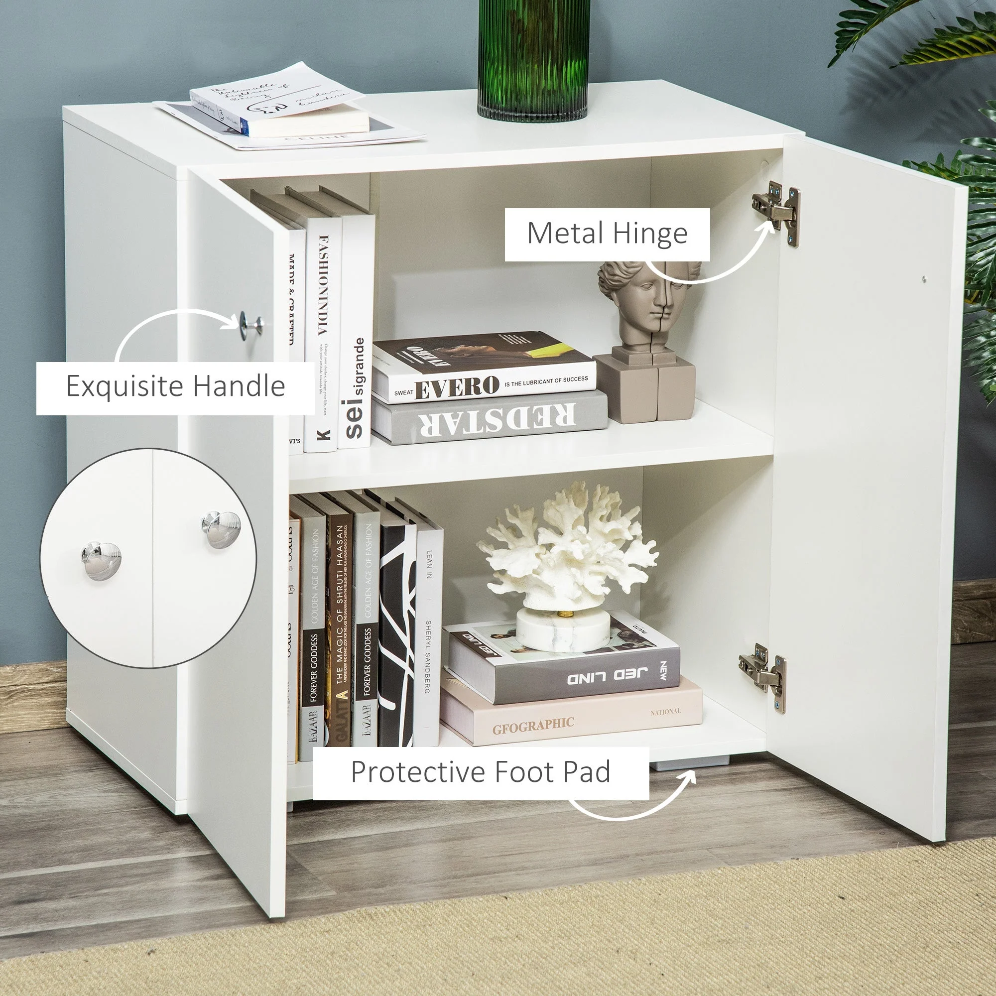 Storage Cabinet w/ Two Shelves Wooden Sideboard Freestanding Kitchen Cupboard Bookcase - White - Image 6