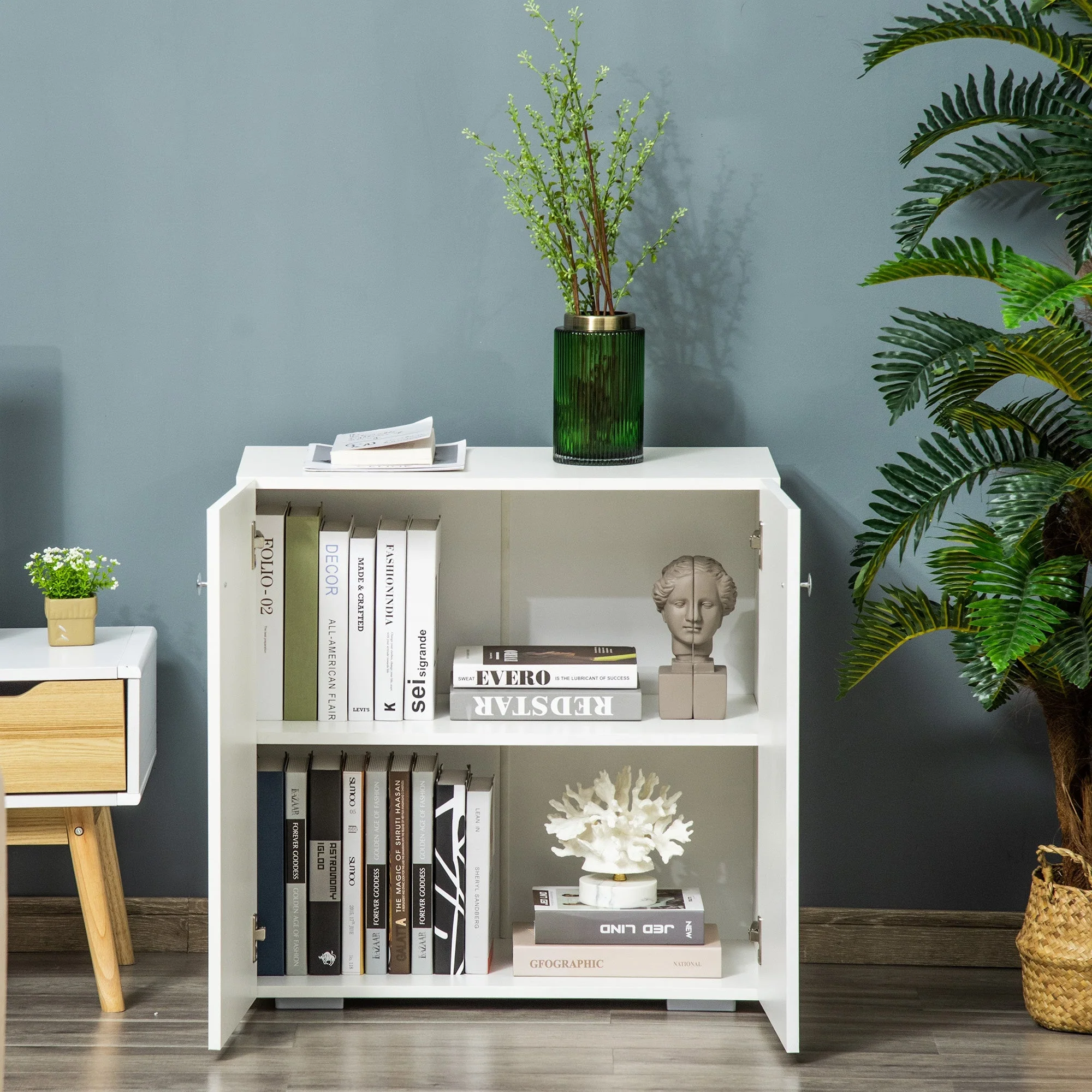 Storage Cabinet w/ Two Shelves Wooden Sideboard Freestanding Kitchen Cupboard Bookcase - White - Image 7