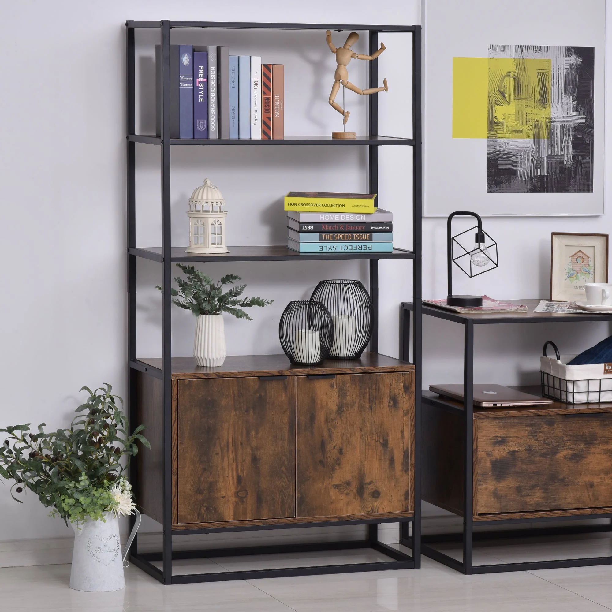 Storage Cabinet with 3 Open Shelves Cupboard Freestanding Tall Organizer Multifunctional Rack for Livingroom Bedroom Kitchen Rustic Brown - Image 2