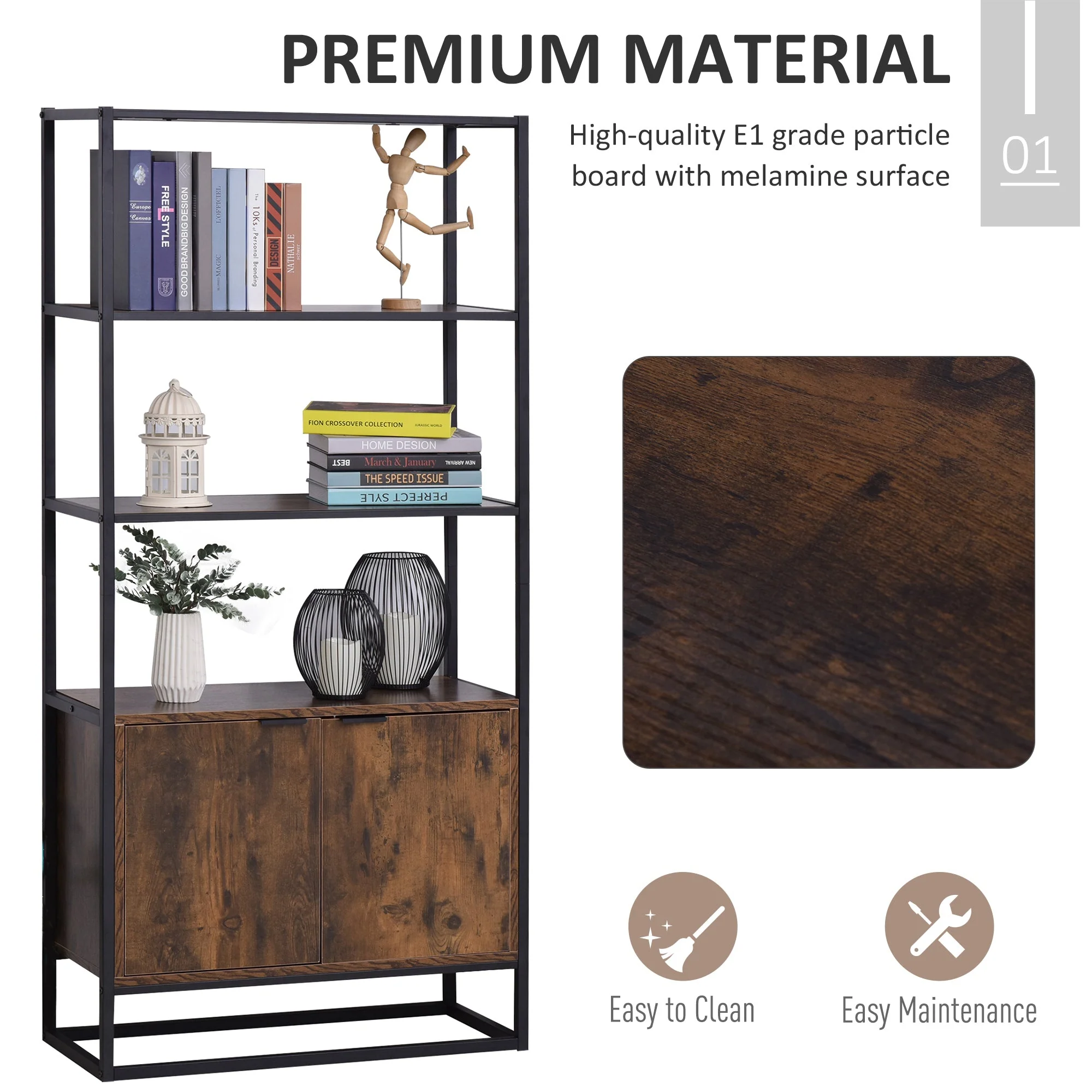 Storage Cabinet with 3 Open Shelves Cupboard Freestanding Tall Organizer Multifunctional Rack for Livingroom Bedroom Kitchen Rustic Brown - Image 4