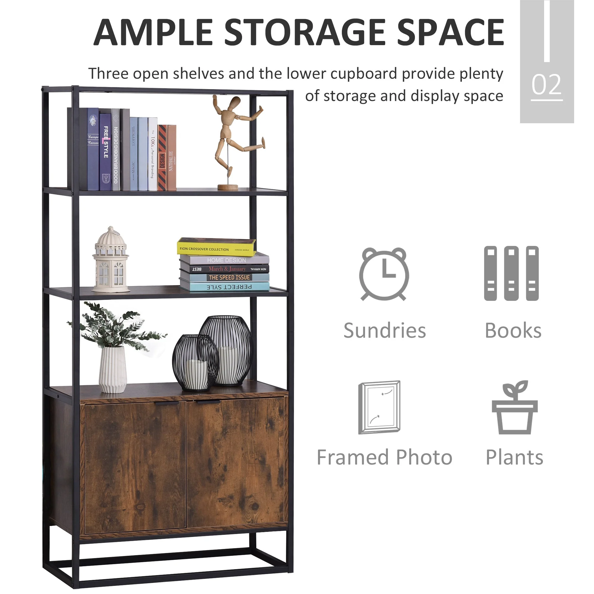 Storage Cabinet with 3 Open Shelves Cupboard Freestanding Tall Organizer Multifunctional Rack for Livingroom Bedroom Kitchen Rustic Brown - Image 5