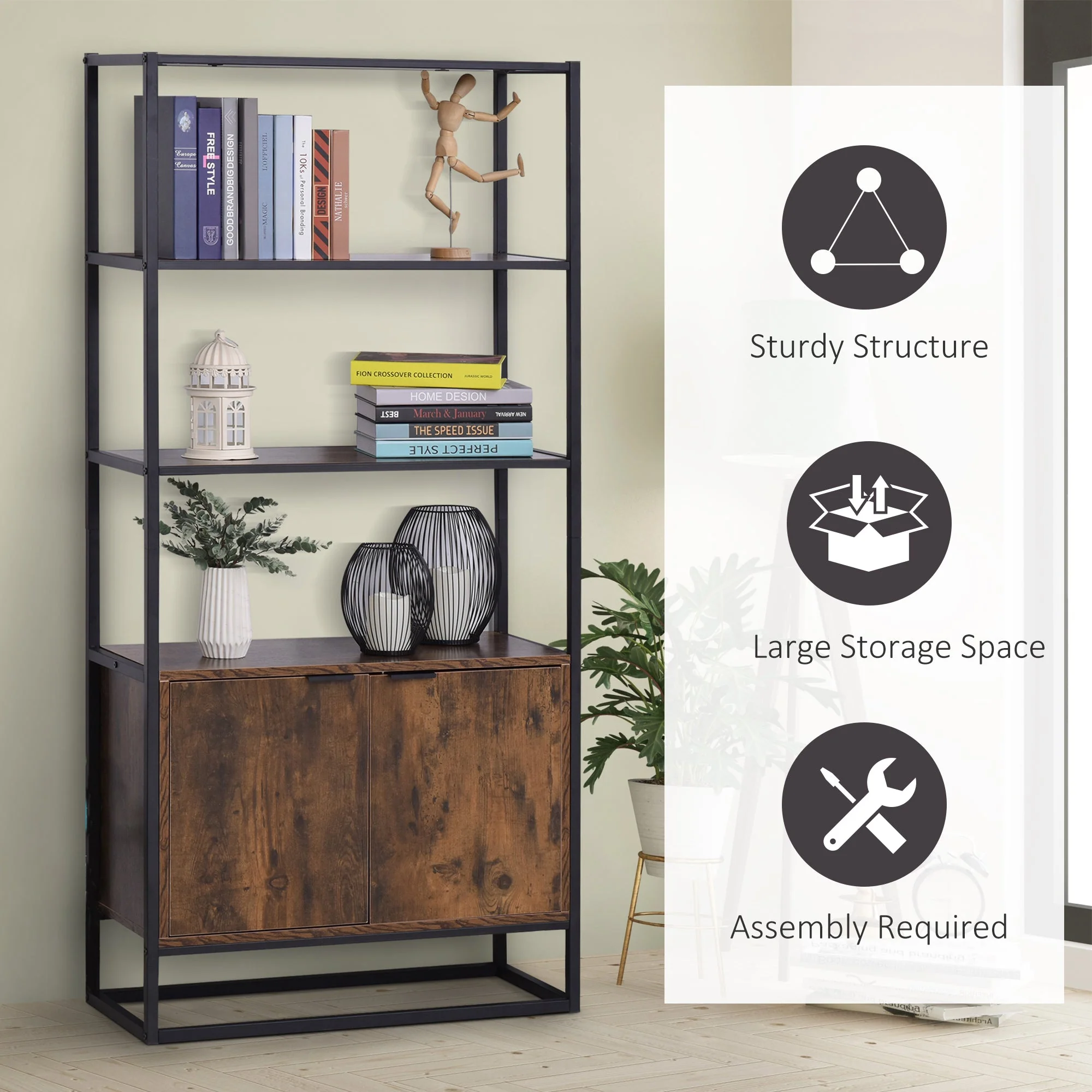 Storage Cabinet with 3 Open Shelves Cupboard Freestanding Tall Organizer Multifunctional Rack for Livingroom Bedroom Kitchen Rustic Brown - Image 7
