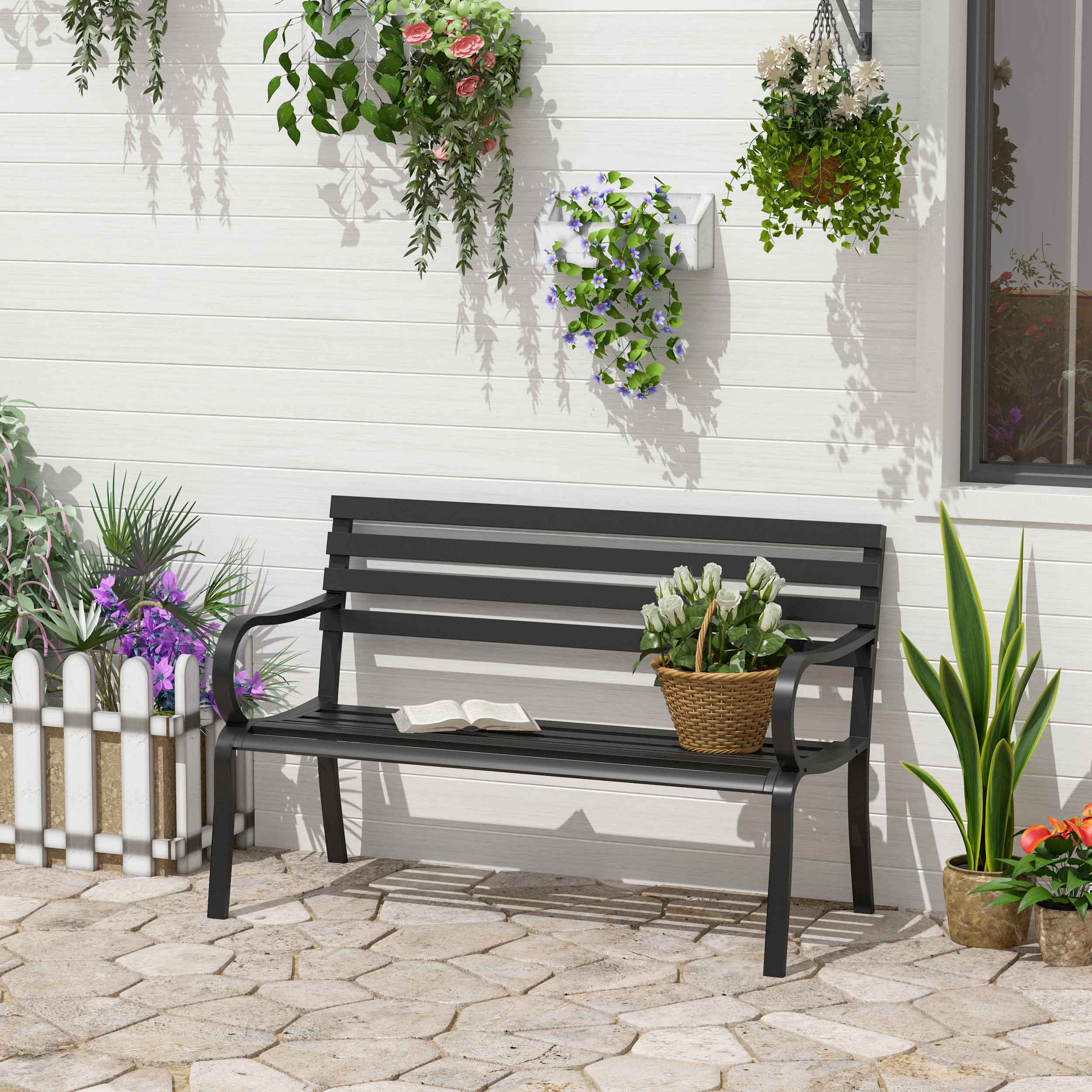Stylish 2 Seater Metal Garden Porch Chair Bench Stable Patio Outdoor Park Metal Bench - Black - Image 2
