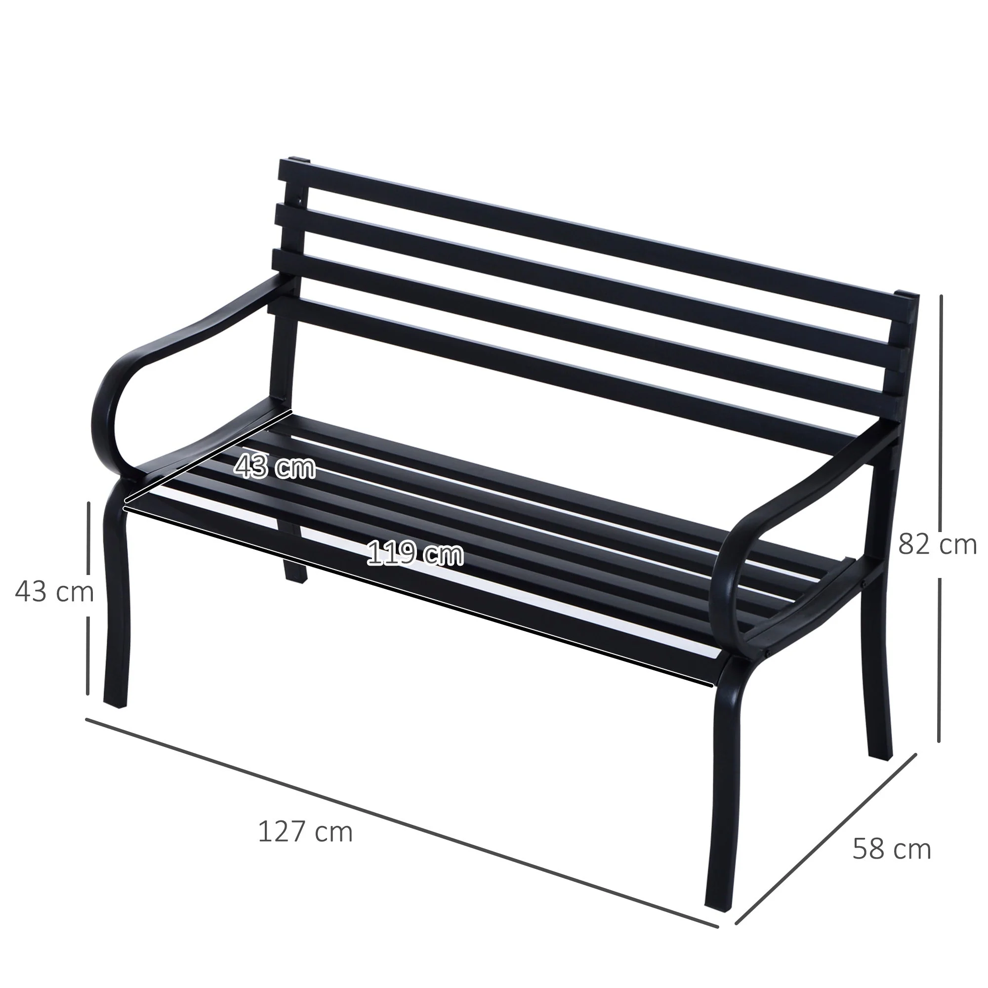 Stylish 2 Seater Metal Garden Porch Chair Bench Stable Patio Outdoor Park Metal Bench - Black - Image 3
