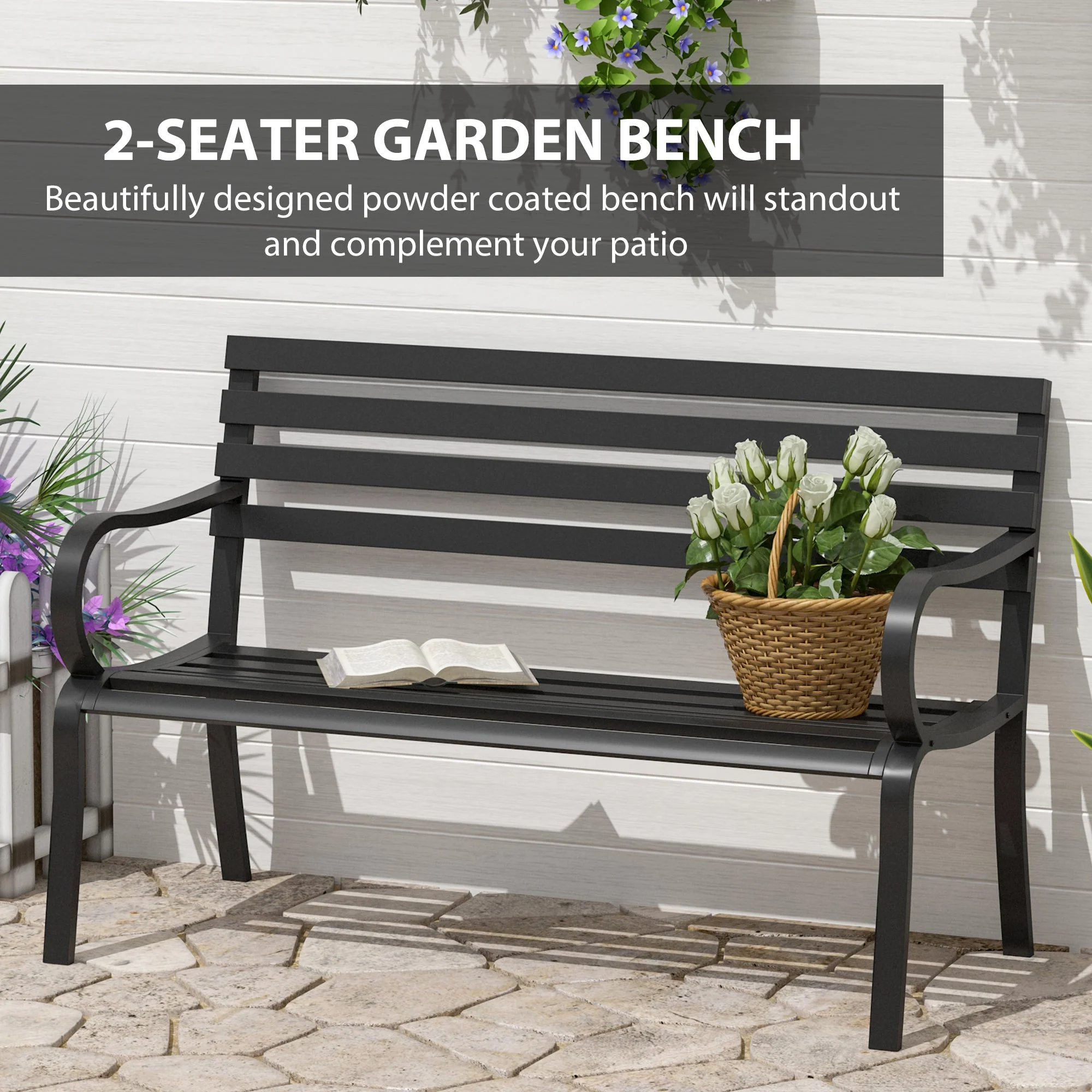 Stylish 2 Seater Metal Garden Porch Chair Bench Stable Patio Outdoor Park Metal Bench - Black - Image 4