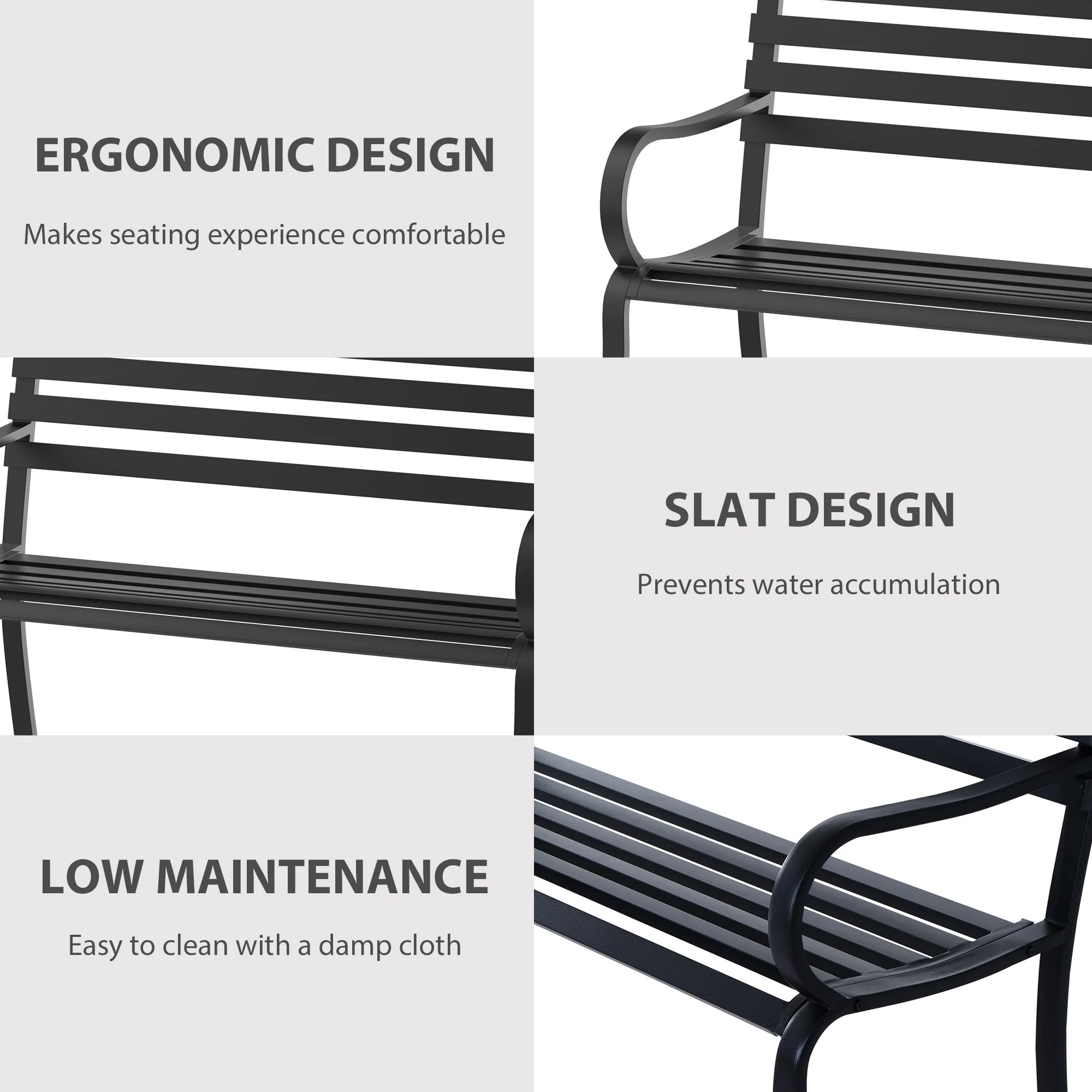 Stylish 2 Seater Metal Garden Porch Chair Bench Stable Patio Outdoor Park Metal Bench - Black - Image 5