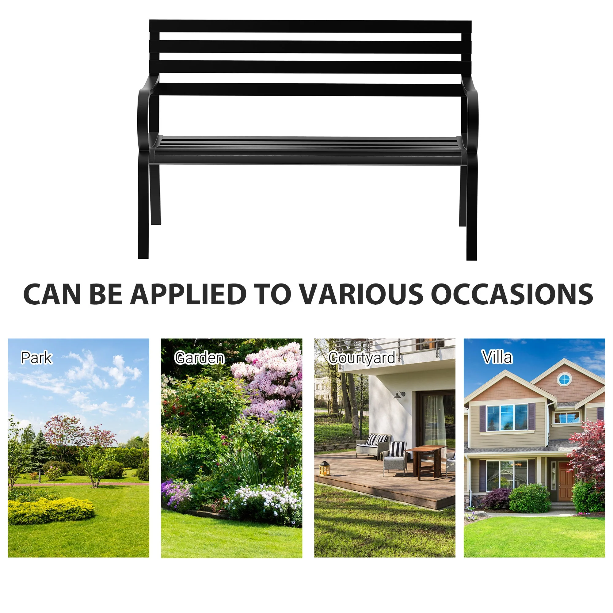 Stylish 2 Seater Metal Garden Porch Chair Bench Stable Patio Outdoor Park Metal Bench - Black - Image 6