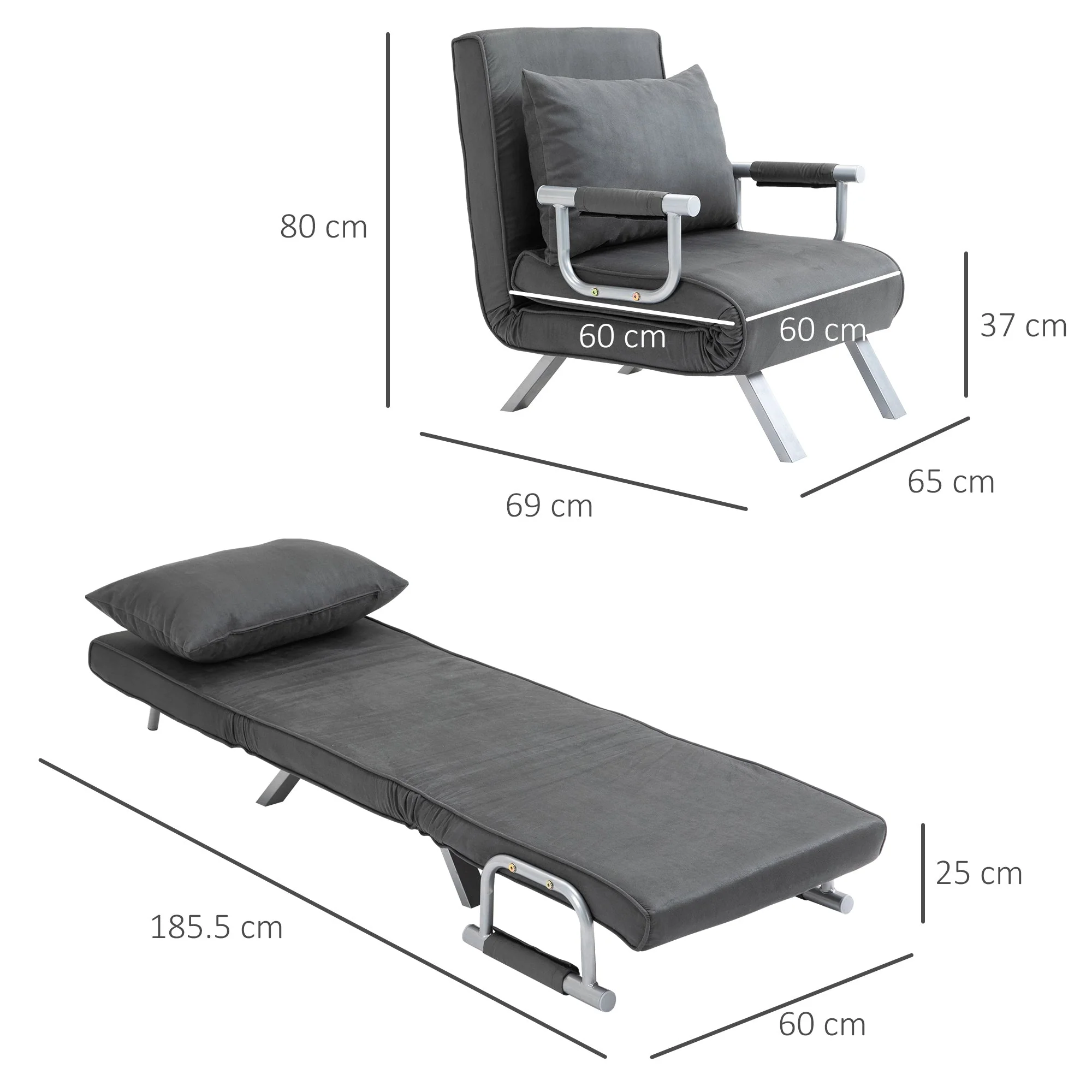 Suedette Adjustable Back Futon Sofa Chair - Dark Grey - Image 3