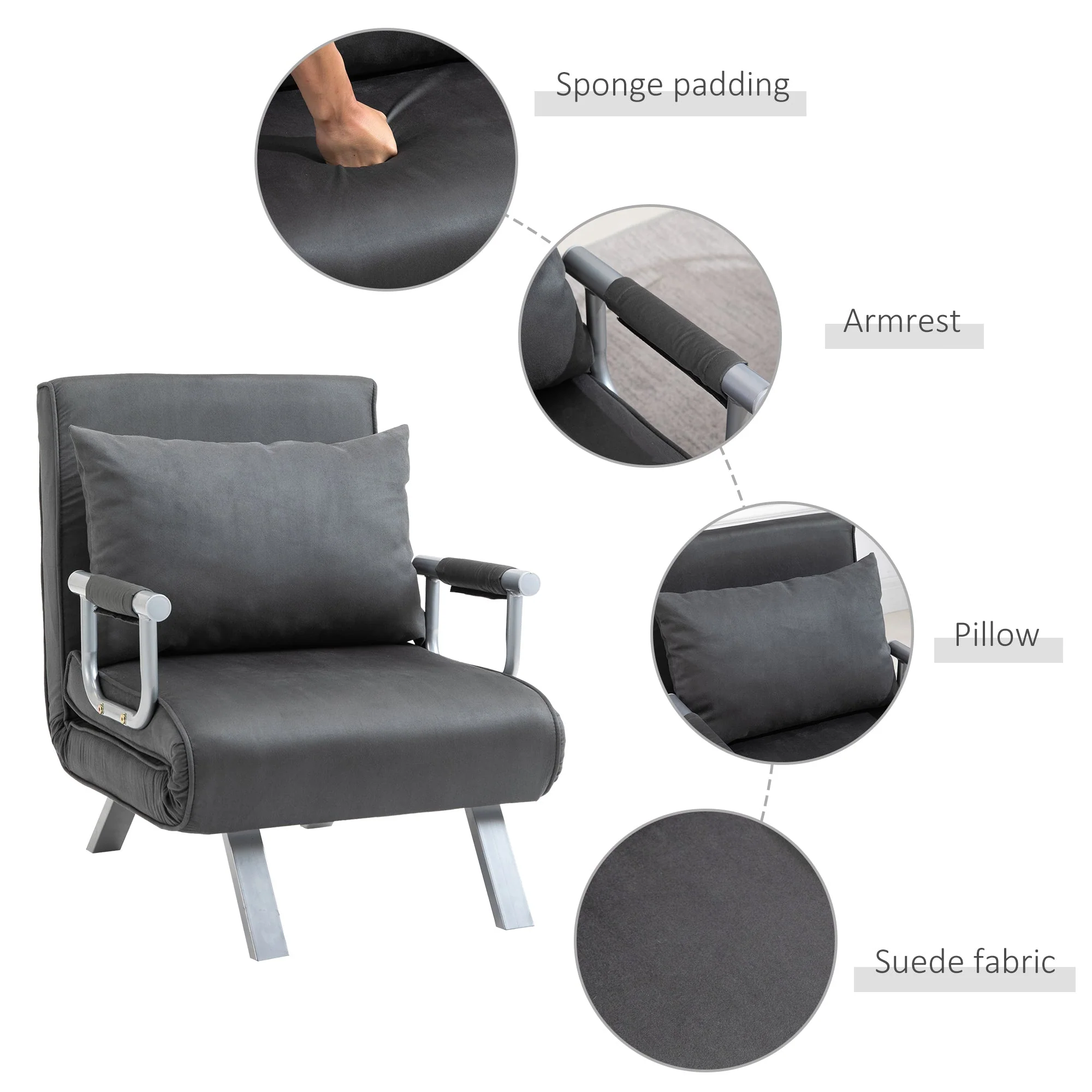Suedette Adjustable Back Futon Sofa Chair - Dark Grey - Image 6