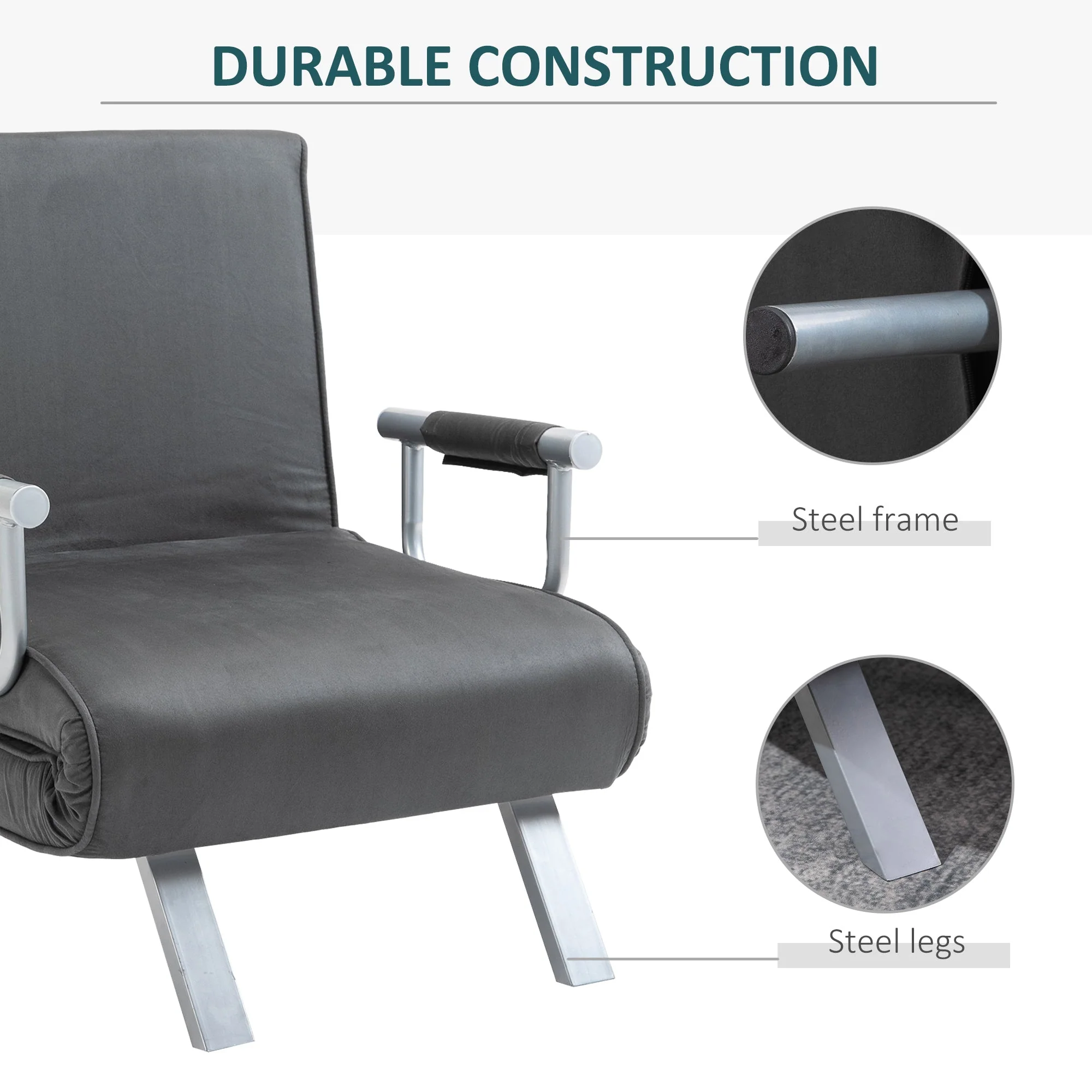 Suedette Adjustable Back Futon Sofa Chair - Dark Grey - Image 7