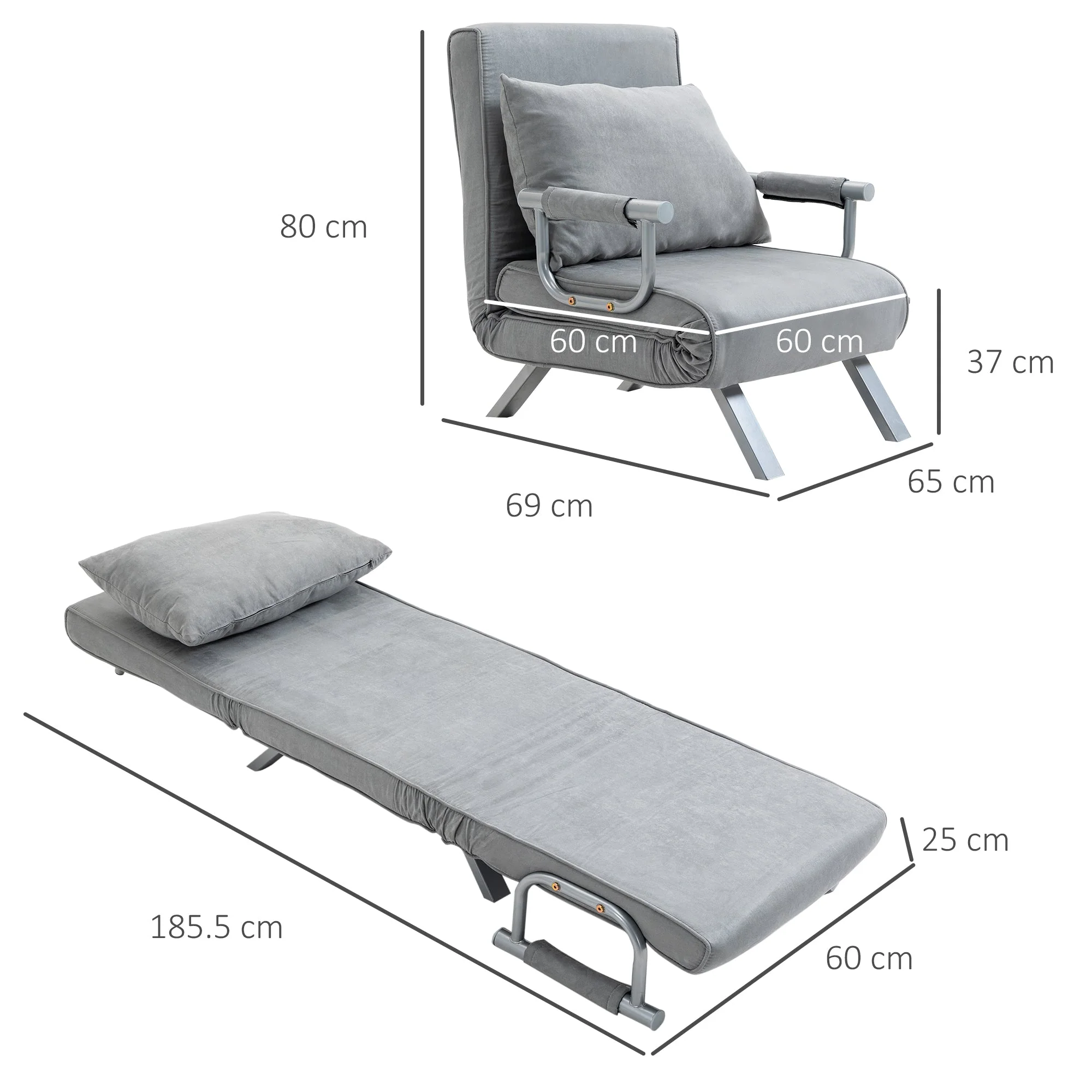 Suedette Adjustable Back Futon Sofa Chair - Grey - Image 3