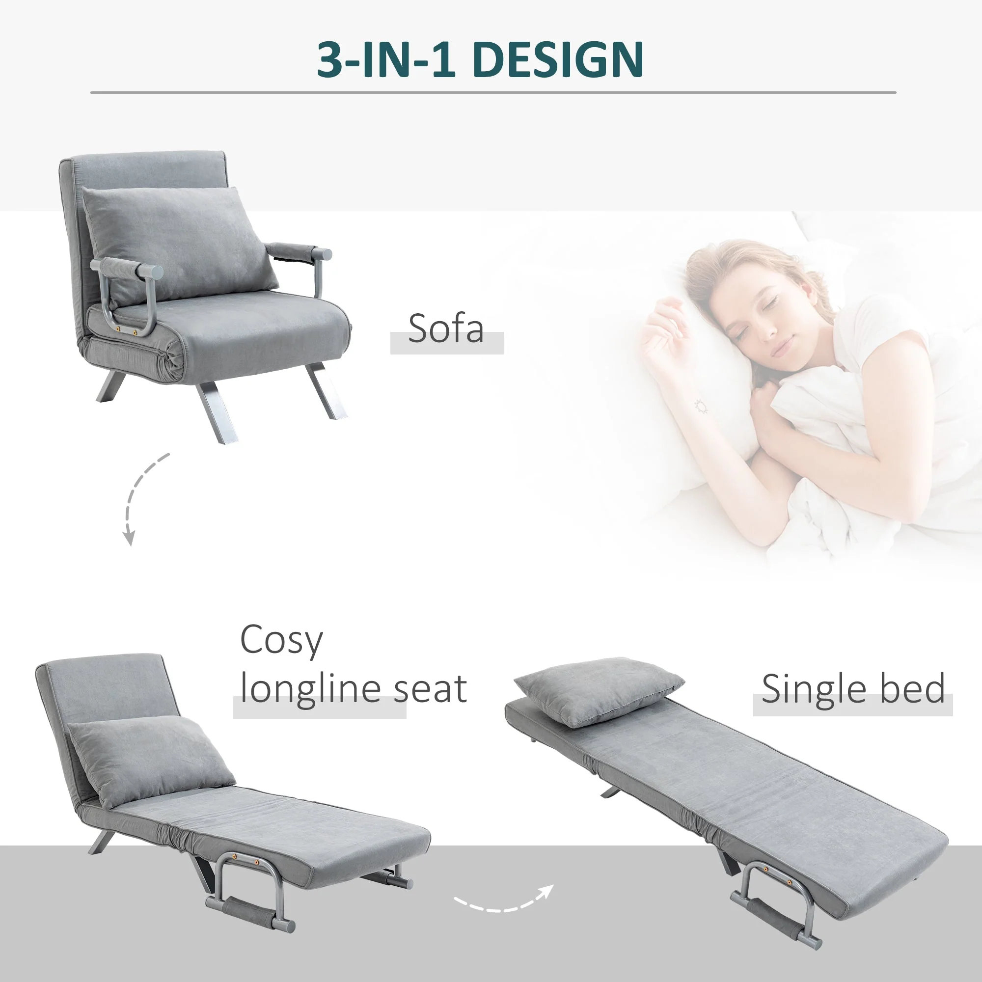 Suedette Adjustable Back Futon Sofa Chair - Grey - Image 5