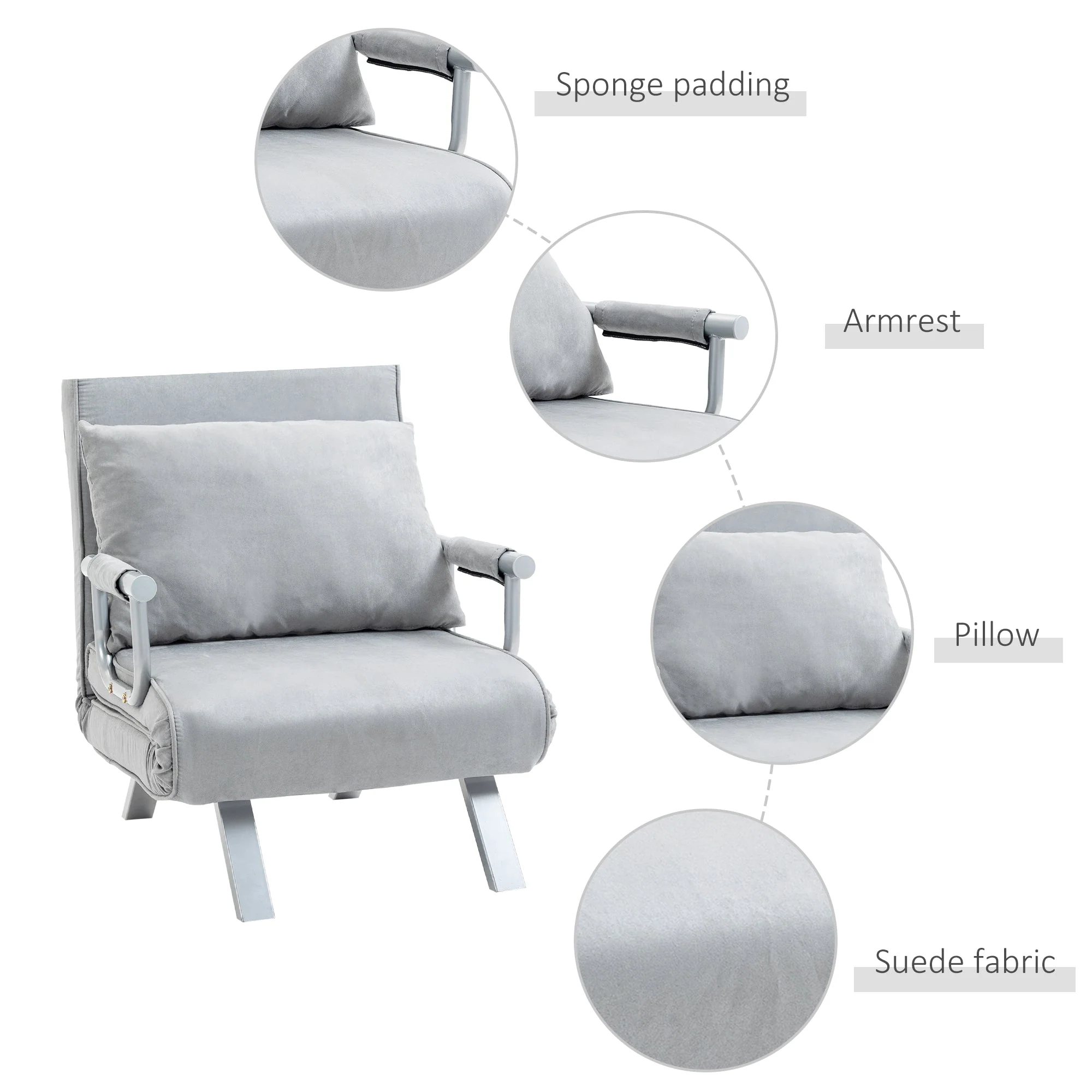 Suedette Adjustable Back Futon Sofa Chair - Grey - Image 6