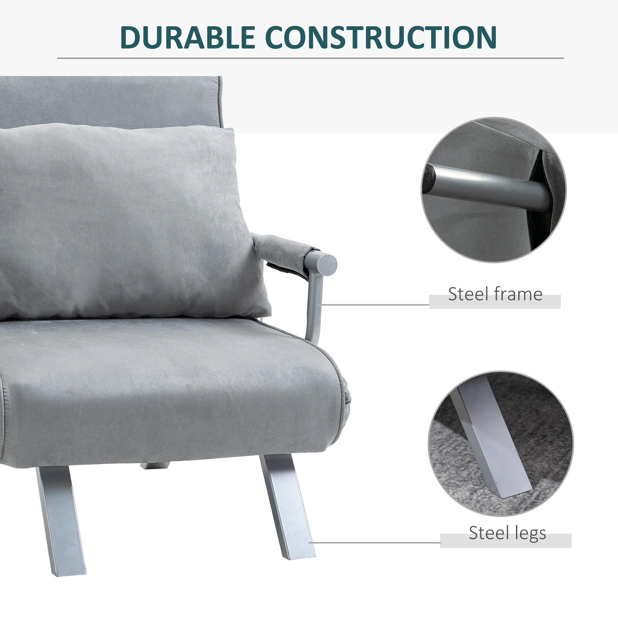 Suedette Adjustable Back Futon Sofa Chair - Grey - Image 7