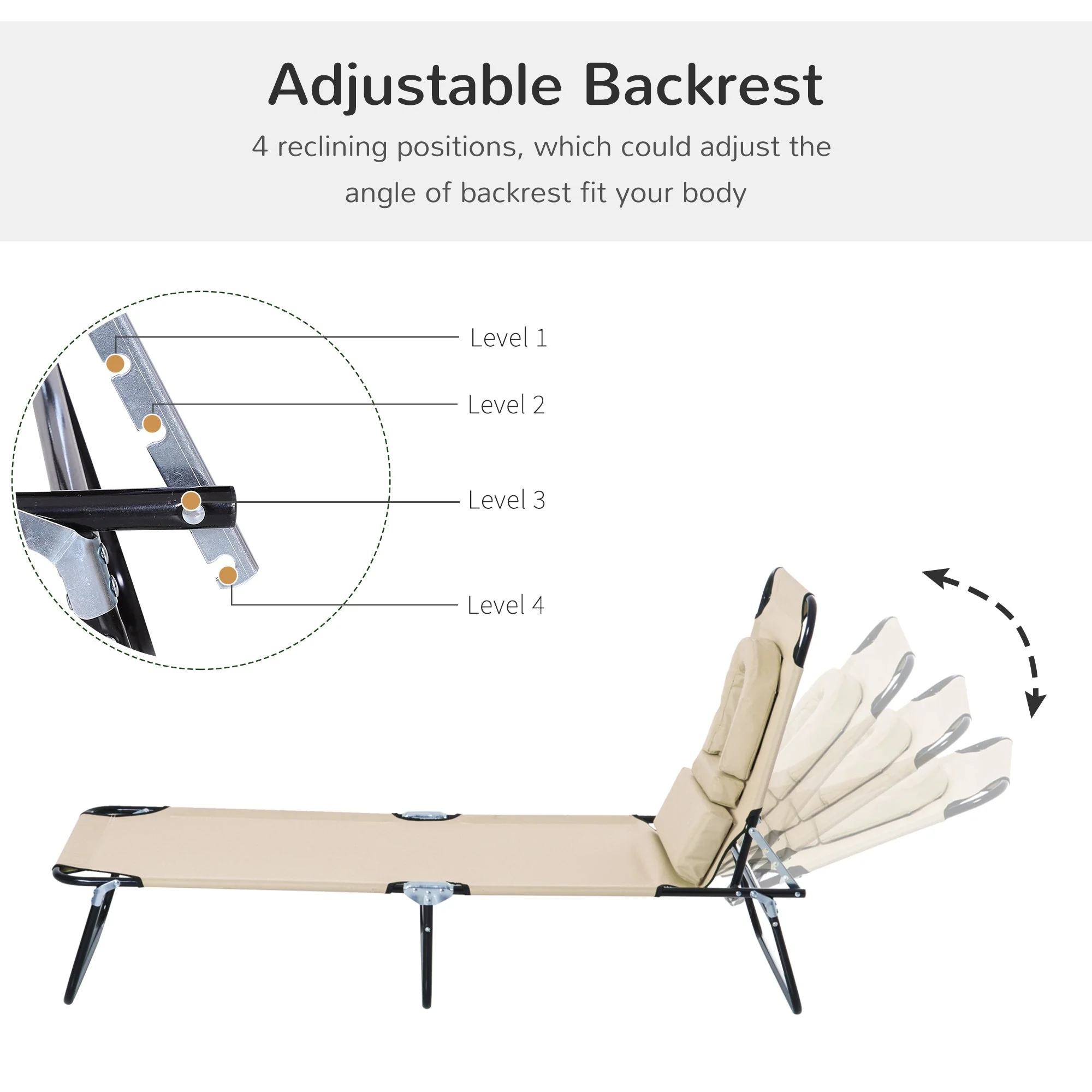 Sun Lounger Foldable Reclining Chair with Pillow and Reading Hole Garden Beach Outdoor Recliner Adjustable Beige - Image 3