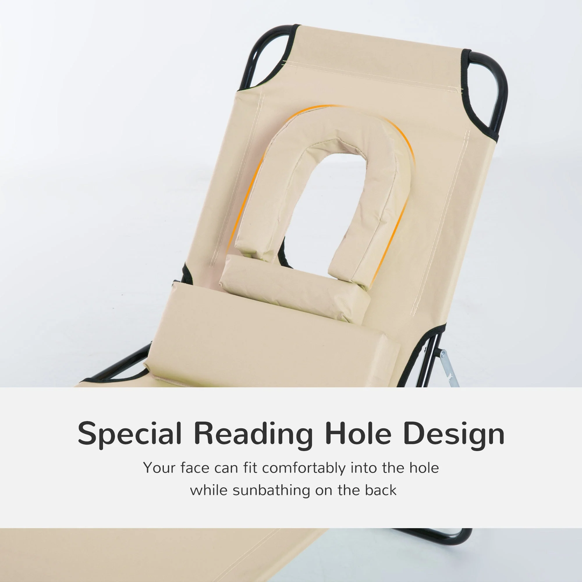Sun Lounger Foldable Reclining Chair with Pillow and Reading Hole Garden Beach Outdoor Recliner Adjustable Beige - Image 6