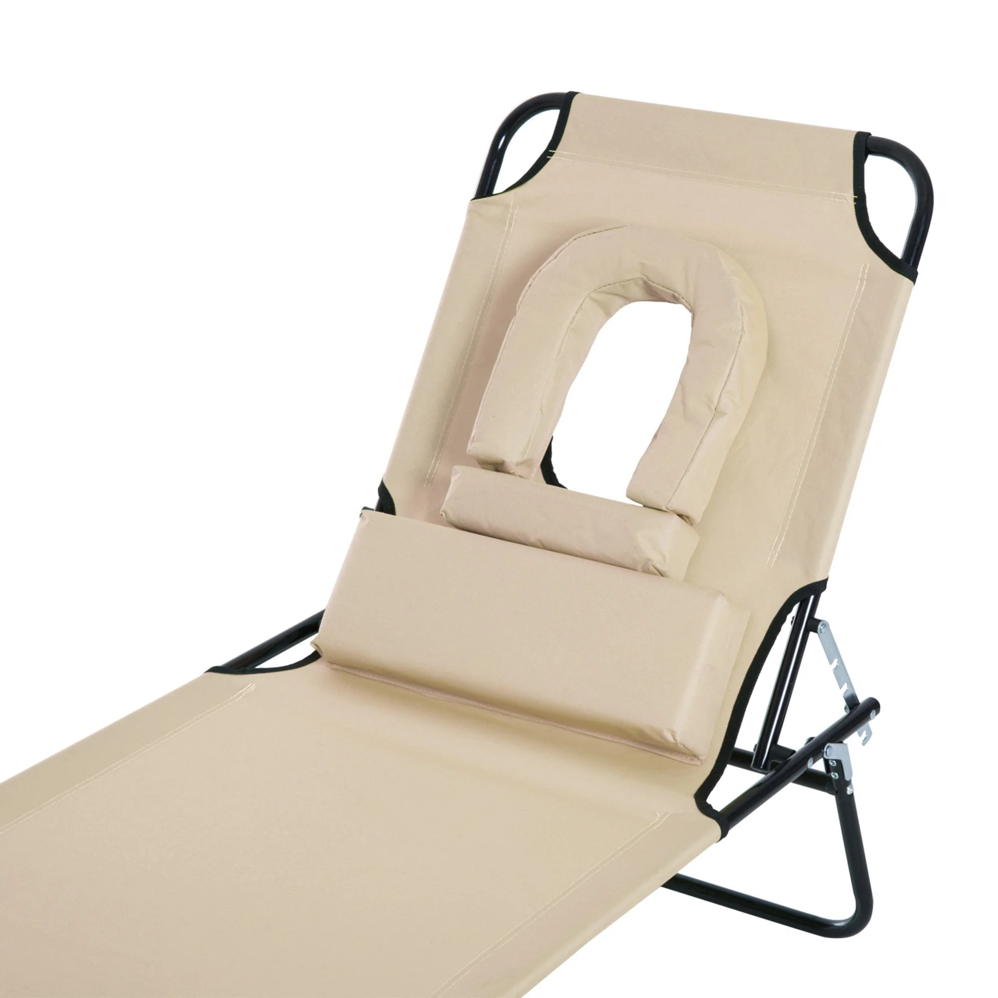 Sun Lounger Foldable Reclining Chair with Pillow and Reading Hole Garden Beach Outdoor Recliner Adjustable Beige - Image 8