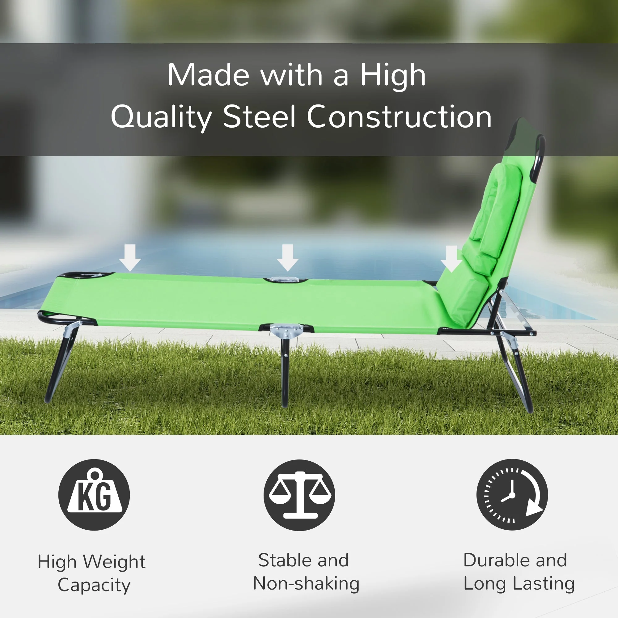 Sun Lounger Foldable Reclining Chair with Pillow and Reading Hole Garden Beach Outdoor Recliner Adjustable Green - Image 5