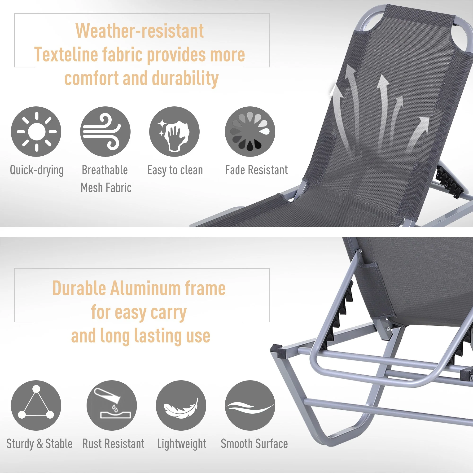 Sun Lounger Relaxer Recliner w/ 5-Position Adjustable Backrest Pool Sun Bathing - Image 5
