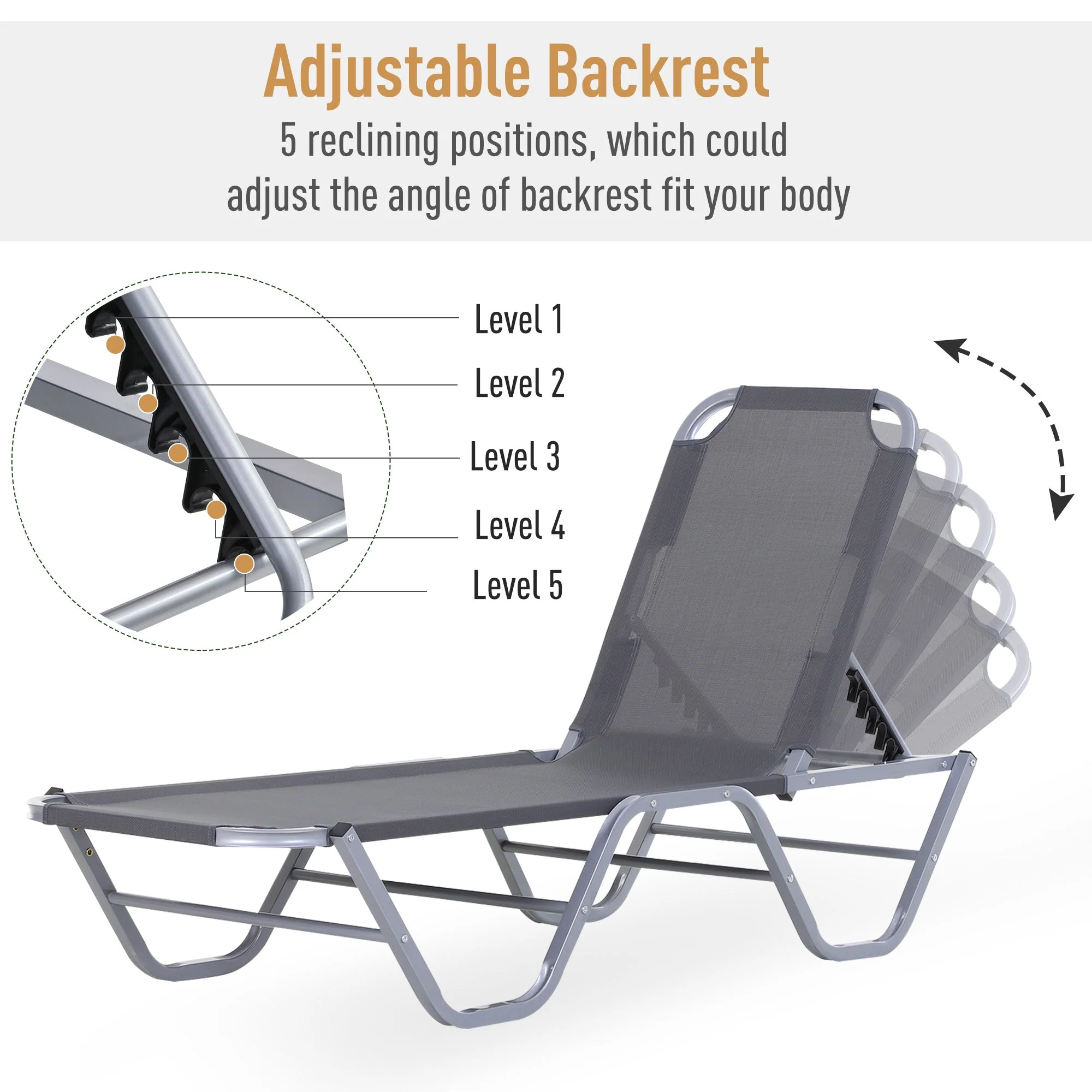 Sun Lounger Relaxer Recliner w/ 5-Position Adjustable Backrest Pool Sun Bathing - Image 6
