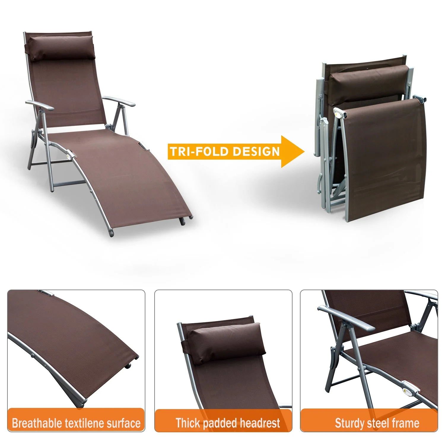 Sun Lounger Steel Frame Outdoor Folding Chaise Texteline Lounge Chair Recliner with Headrest & 7 Levels Adjustable Backrest - Image 4