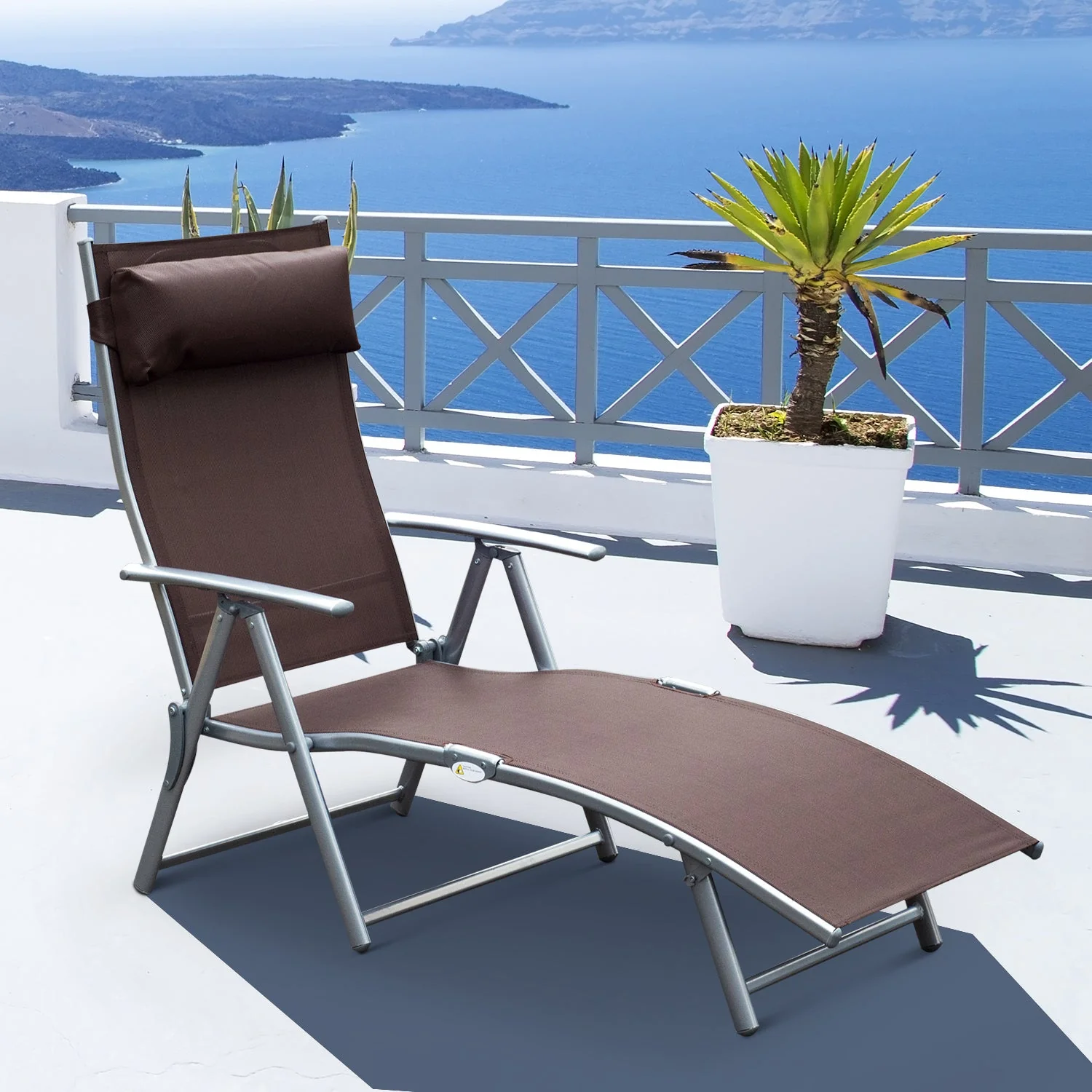 Sun Lounger Steel Frame Outdoor Folding Chaise Texteline Lounge Chair Recliner with Headrest & 7 Levels Adjustable Backrest - Image 8