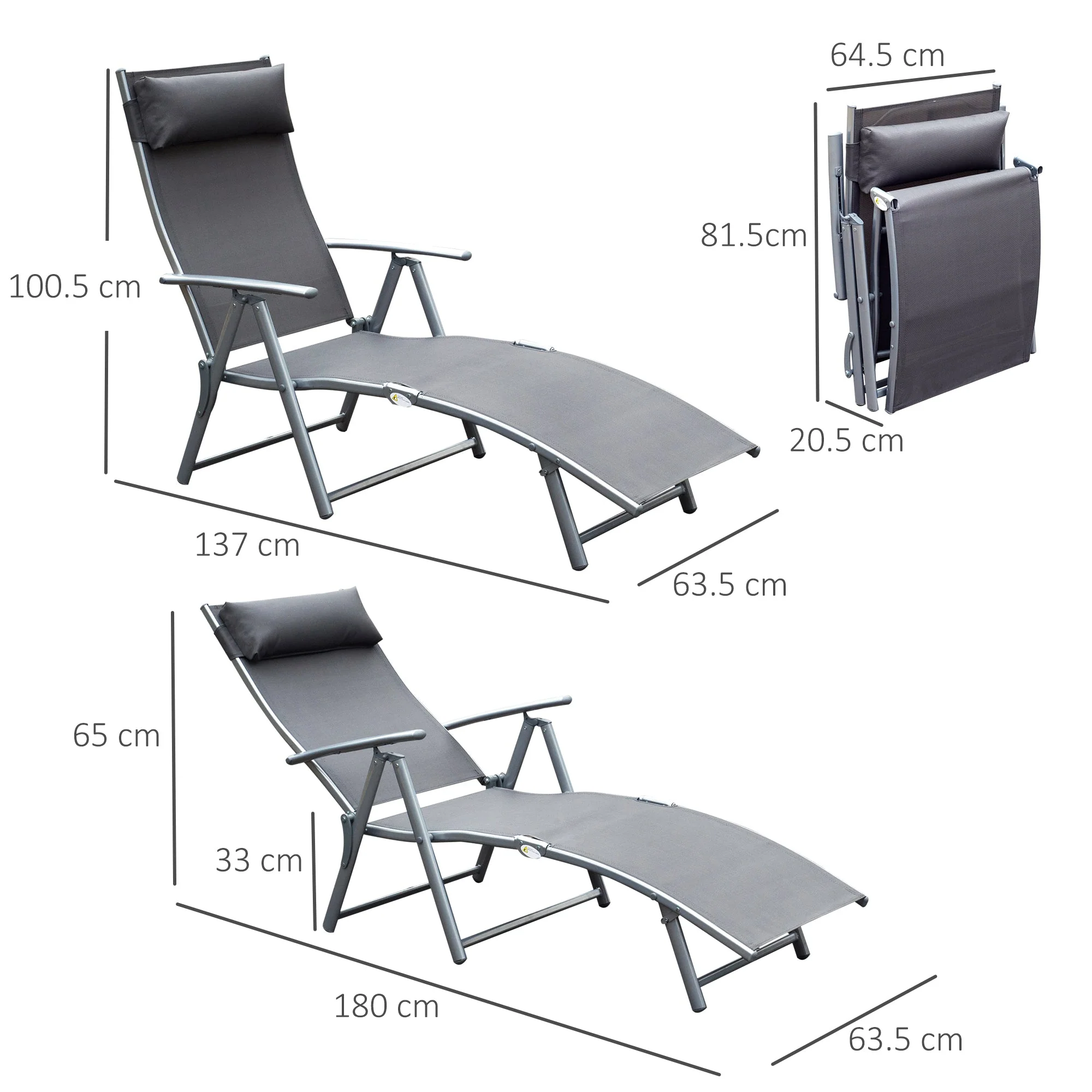 Sun Lounger Steel Frame Outdoor Folding Chaise Texteline Lounge Chair Recliner with Headrest & 7 Levels Adjustable Backrest - Image 2