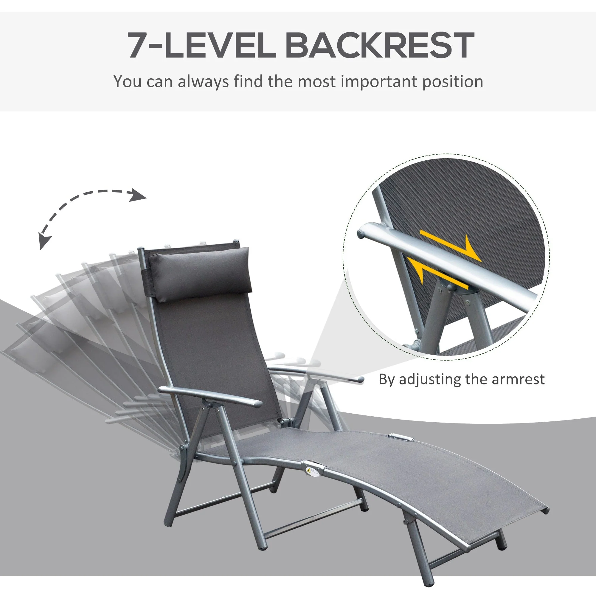 Sun Lounger Steel Frame Outdoor Folding Chaise Texteline Lounge Chair Recliner with Headrest & 7 Levels Adjustable Backrest - Image 3