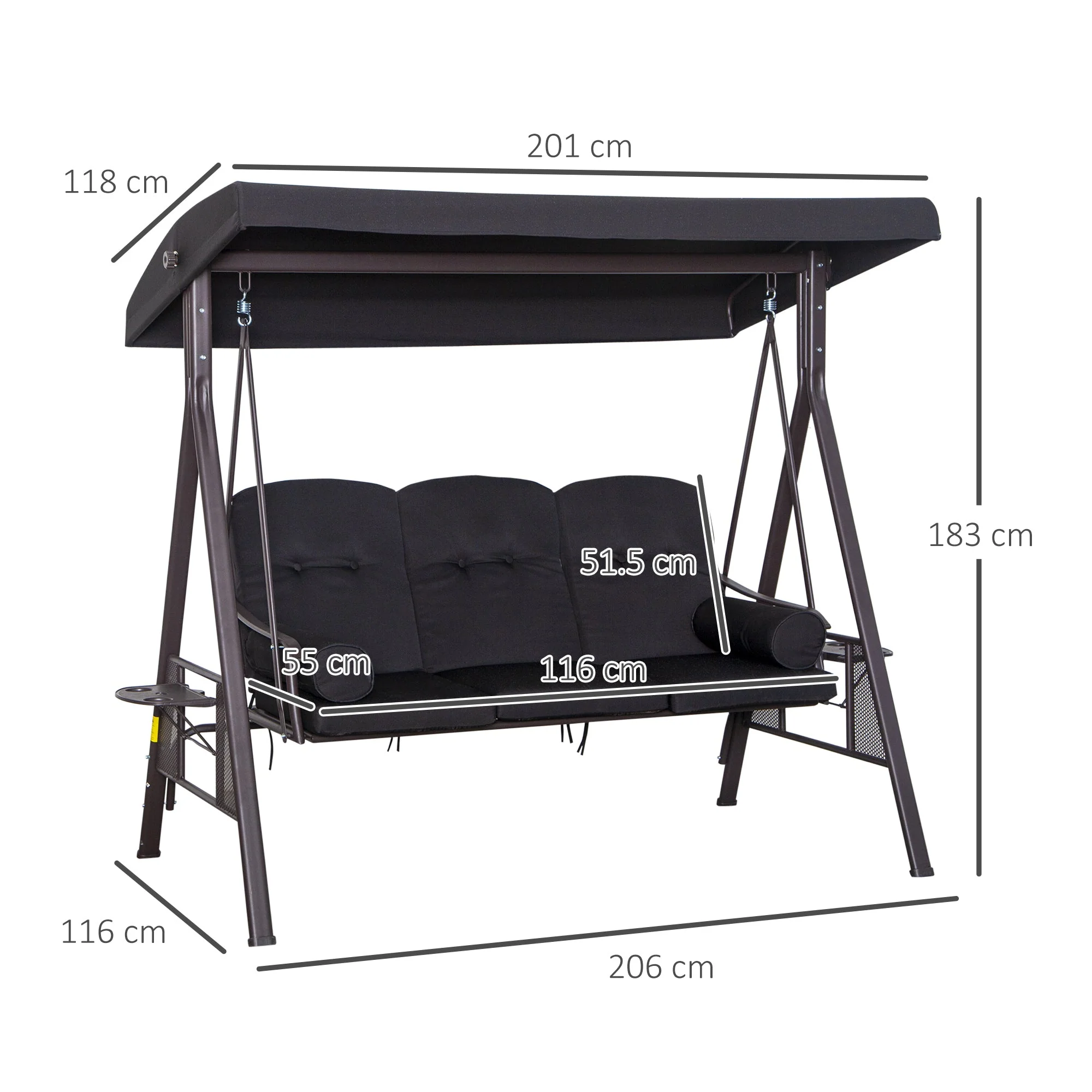 Swing Chair Hammock Chair 3 Seater Canopy Cushion Shelter Outdoor Bench Black - Image 2