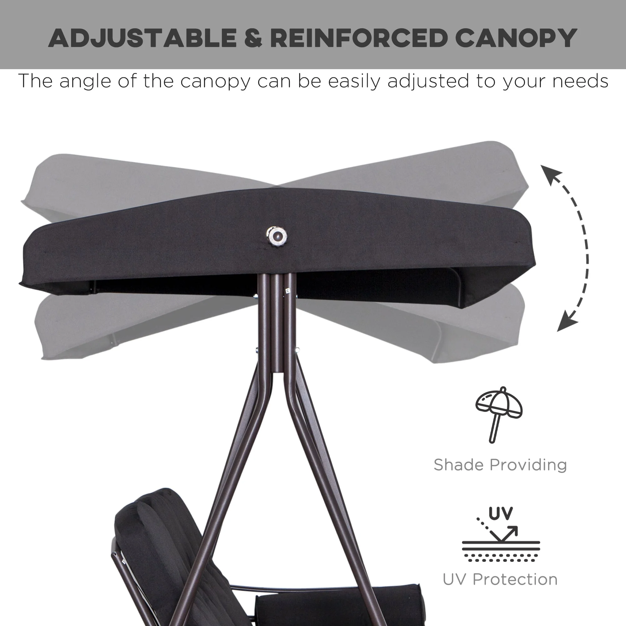 Swing Chair Hammock Chair 3 Seater Canopy Cushion Shelter Outdoor Bench Black - Image 3