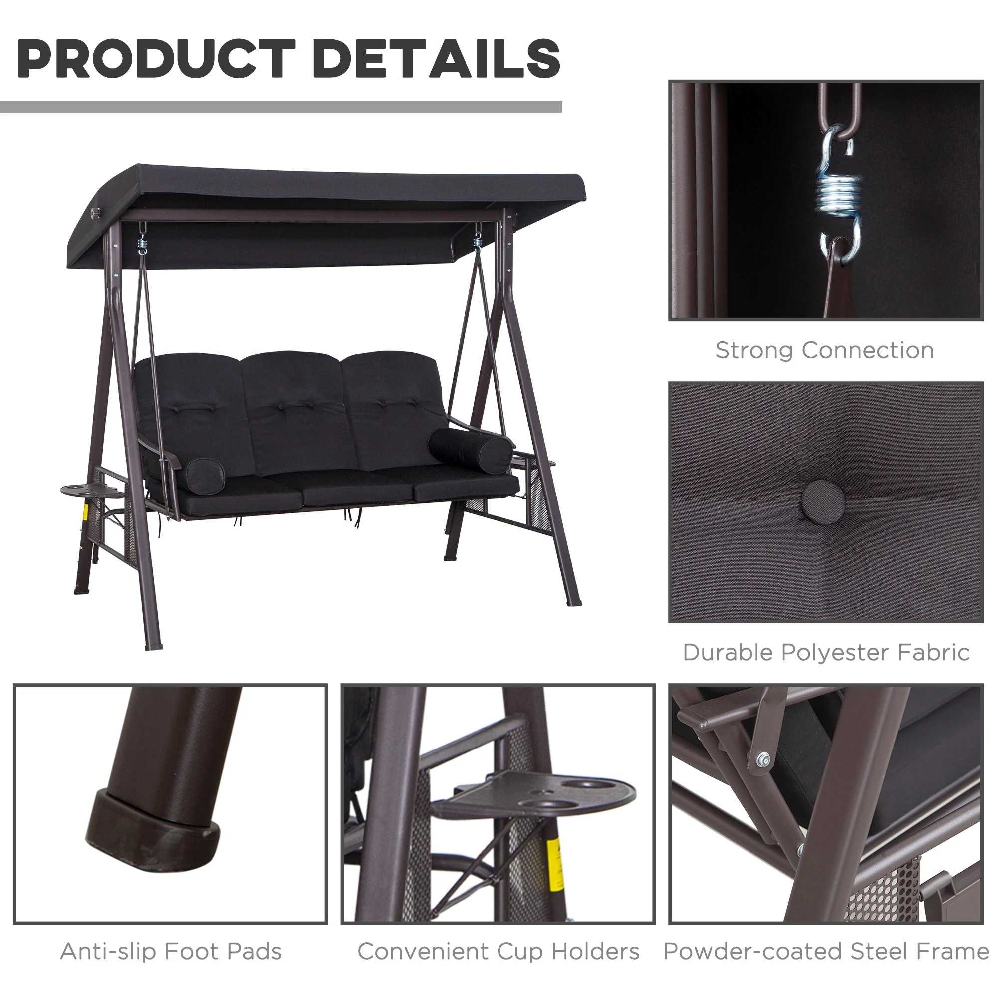 Swing Chair Hammock Chair 3 Seater Canopy Cushion Shelter Outdoor Bench Black - Image 4