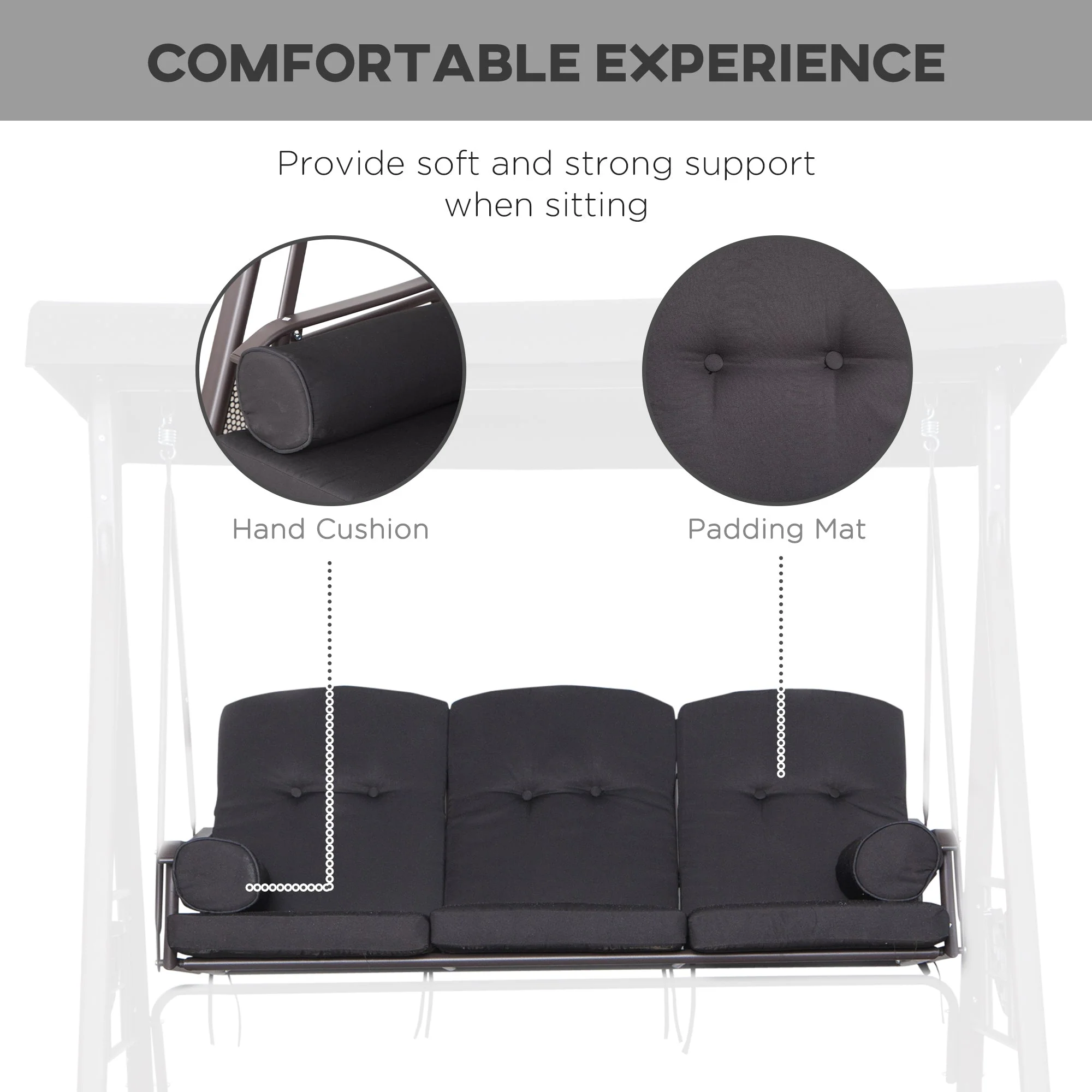 Swing Chair Hammock Chair 3 Seater Canopy Cushion Shelter Outdoor Bench Black - Image 5
