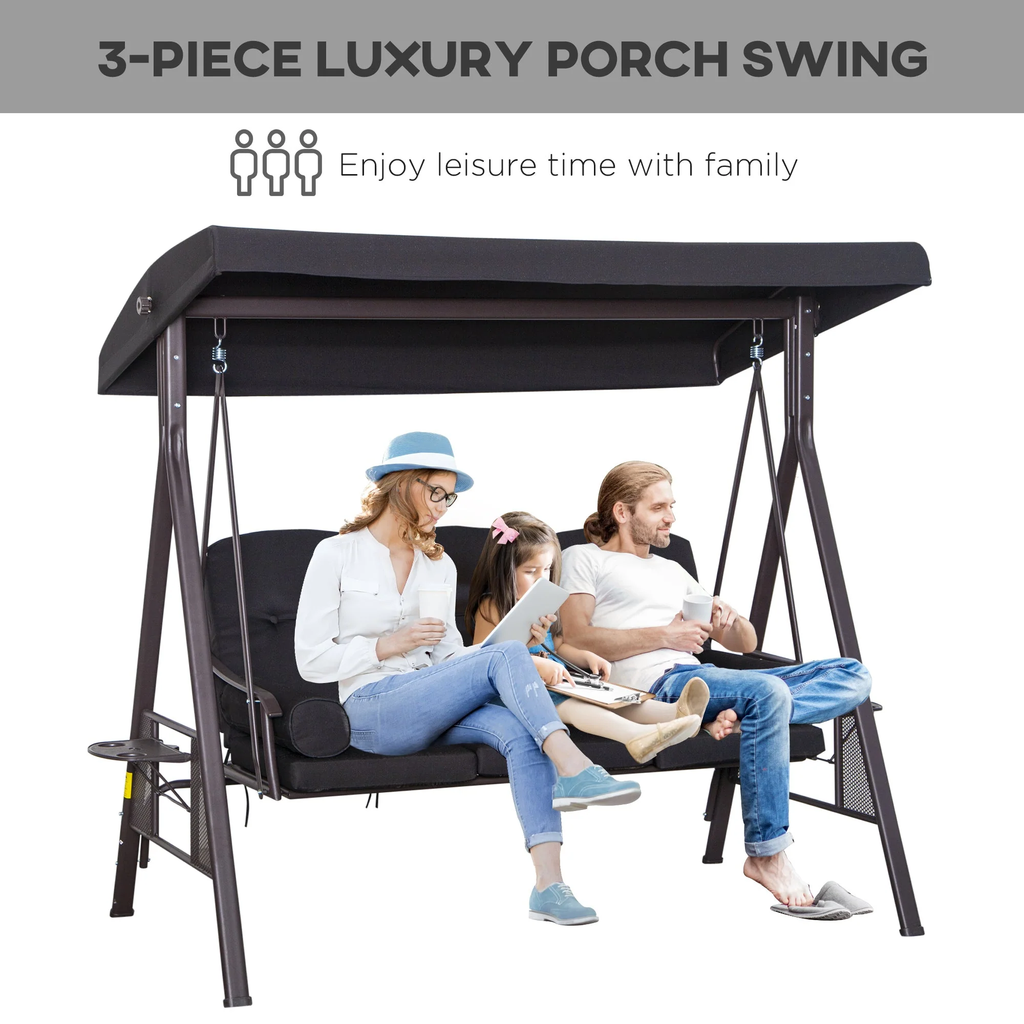 Swing Chair Hammock Chair 3 Seater Canopy Cushion Shelter Outdoor Bench Black - Image 6