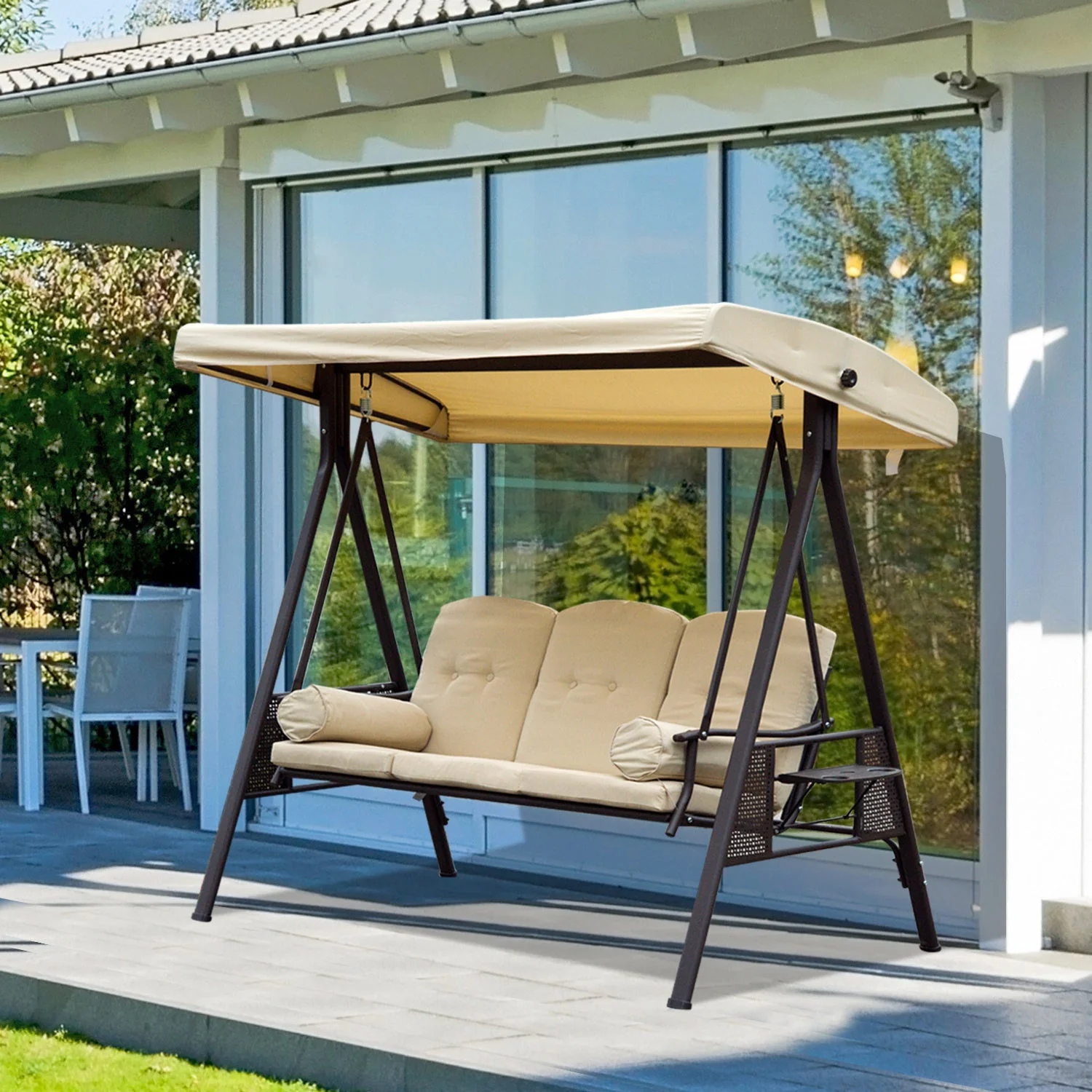 Swing Chair Hammock Chair 3 Seater Canopy Cushion Shelter Outdoor Bench Steel Beige - Image 2