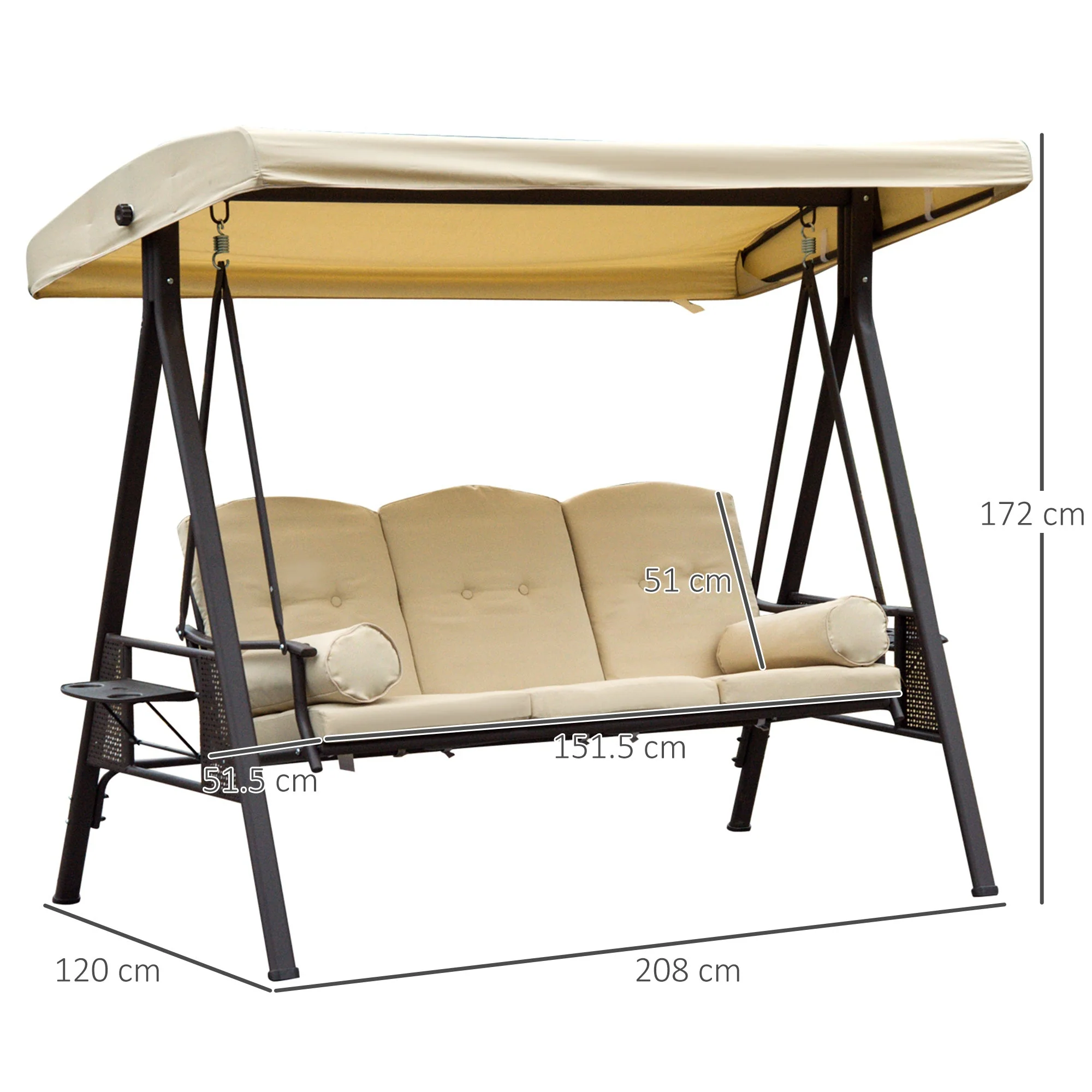 Swing Chair Hammock Chair 3 Seater Canopy Cushion Shelter Outdoor Bench Steel Beige - Image 3