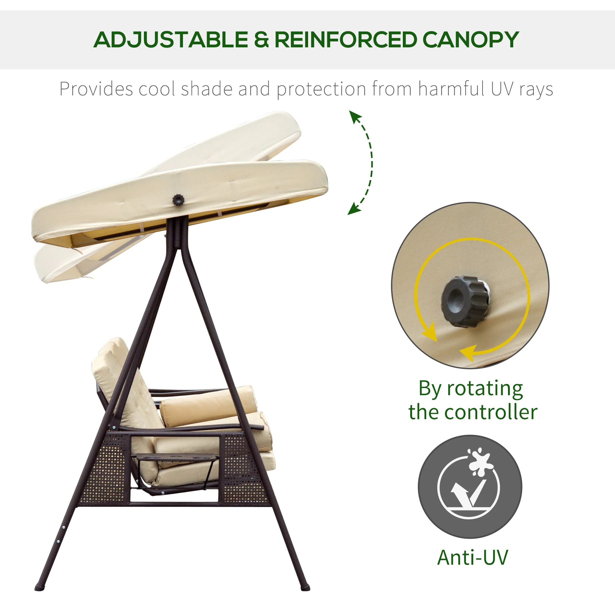 Swing Chair Hammock Chair 3 Seater Canopy Cushion Shelter Outdoor Bench Steel Beige - Image 4
