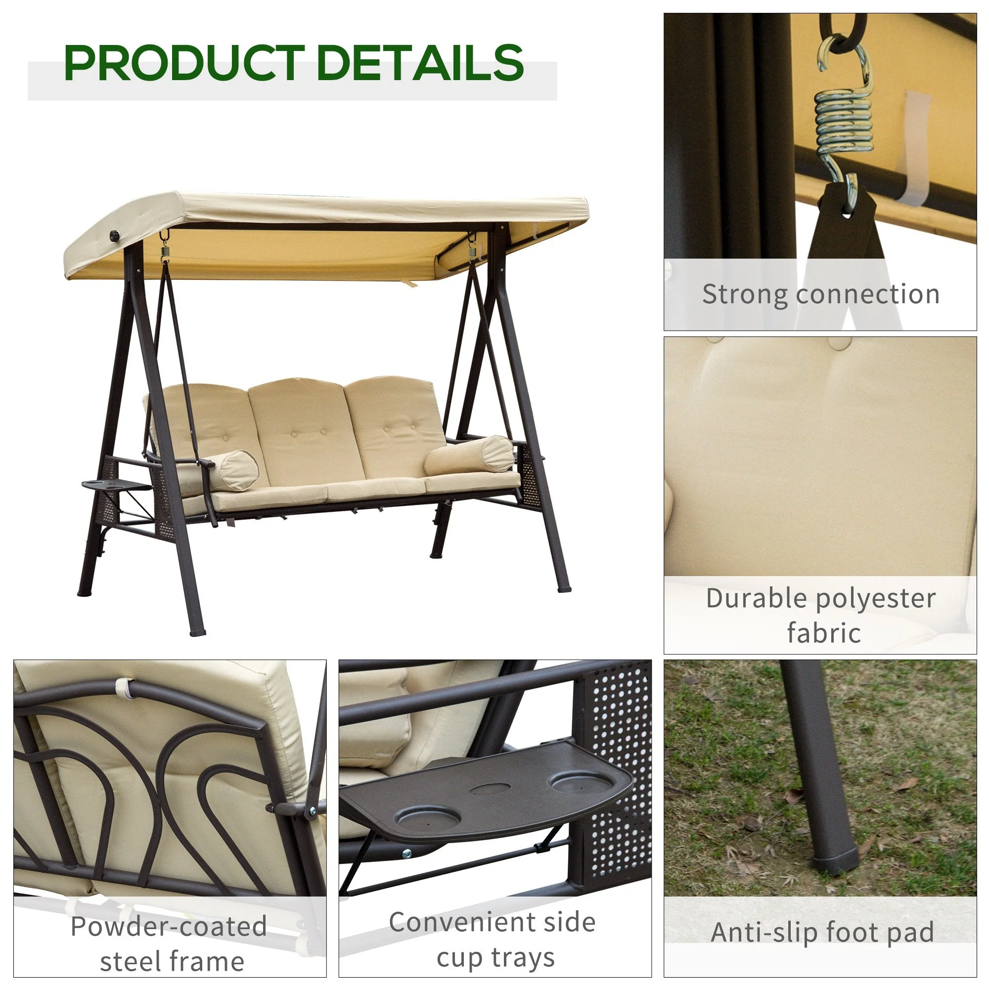 Swing Chair Hammock Chair 3 Seater Canopy Cushion Shelter Outdoor Bench Steel Beige - Image 6