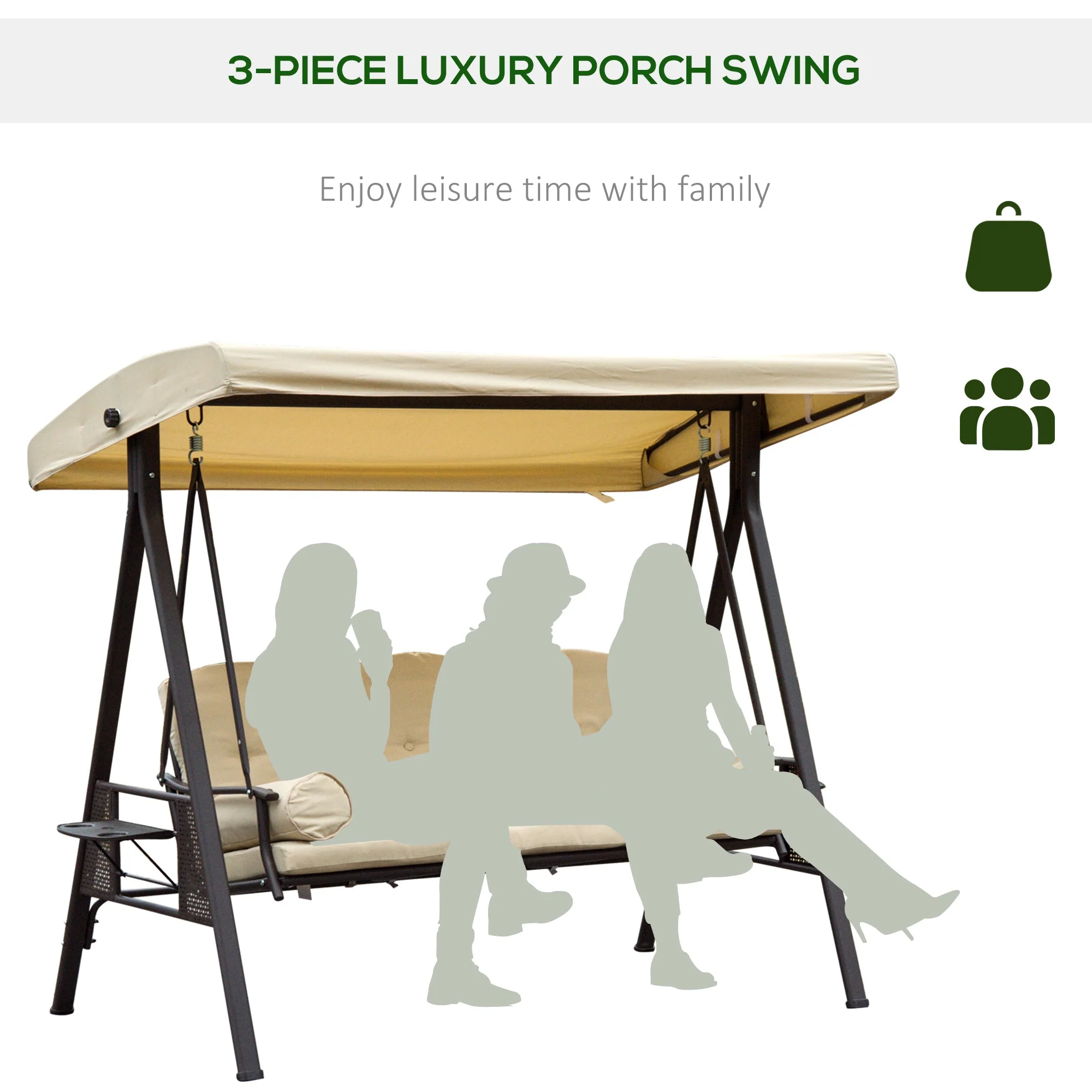 Swing Chair Hammock Chair 3 Seater Canopy Cushion Shelter Outdoor Bench Steel Beige - Image 7
