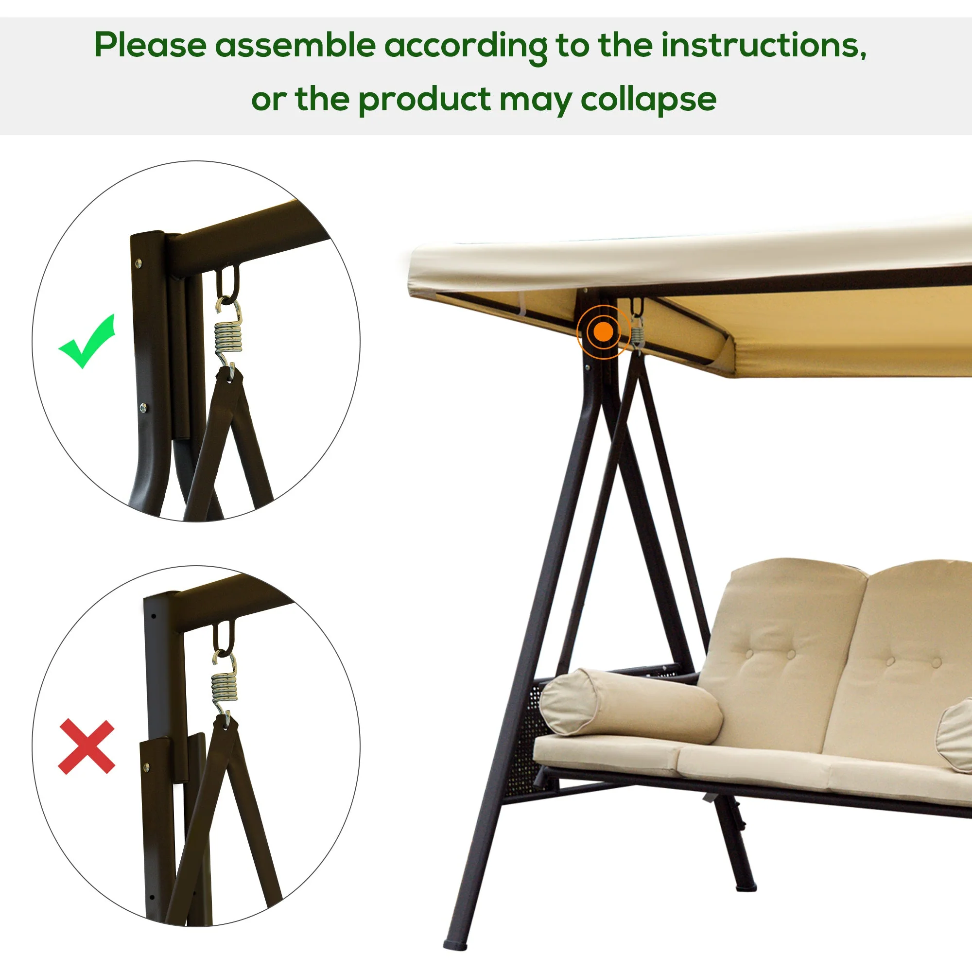 Swing Chair Hammock Chair 3 Seater Canopy Cushion Shelter Outdoor Bench Steel Beige - Image 8