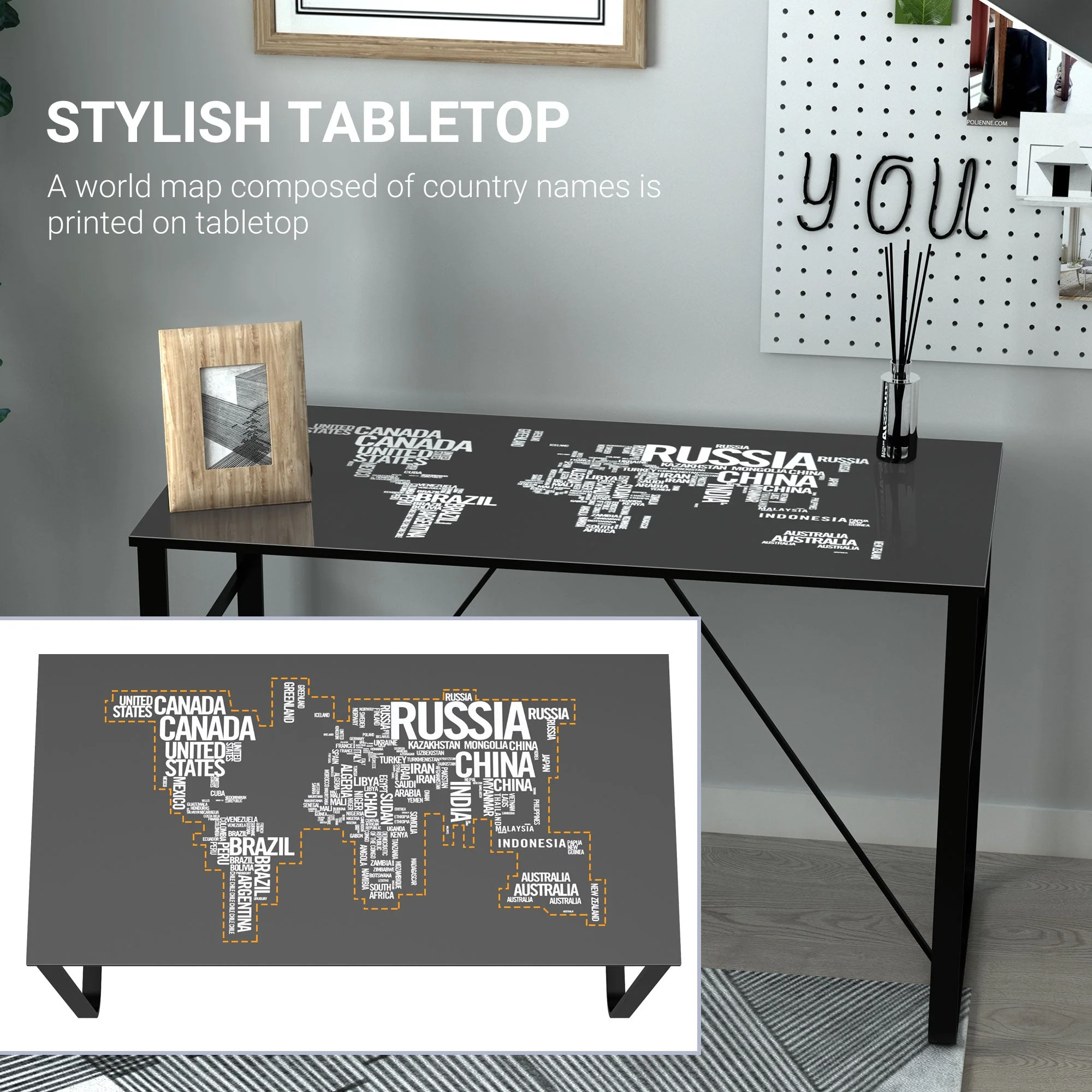 Tempered Glass Top Writing Desk With World Map Printing - Image 4