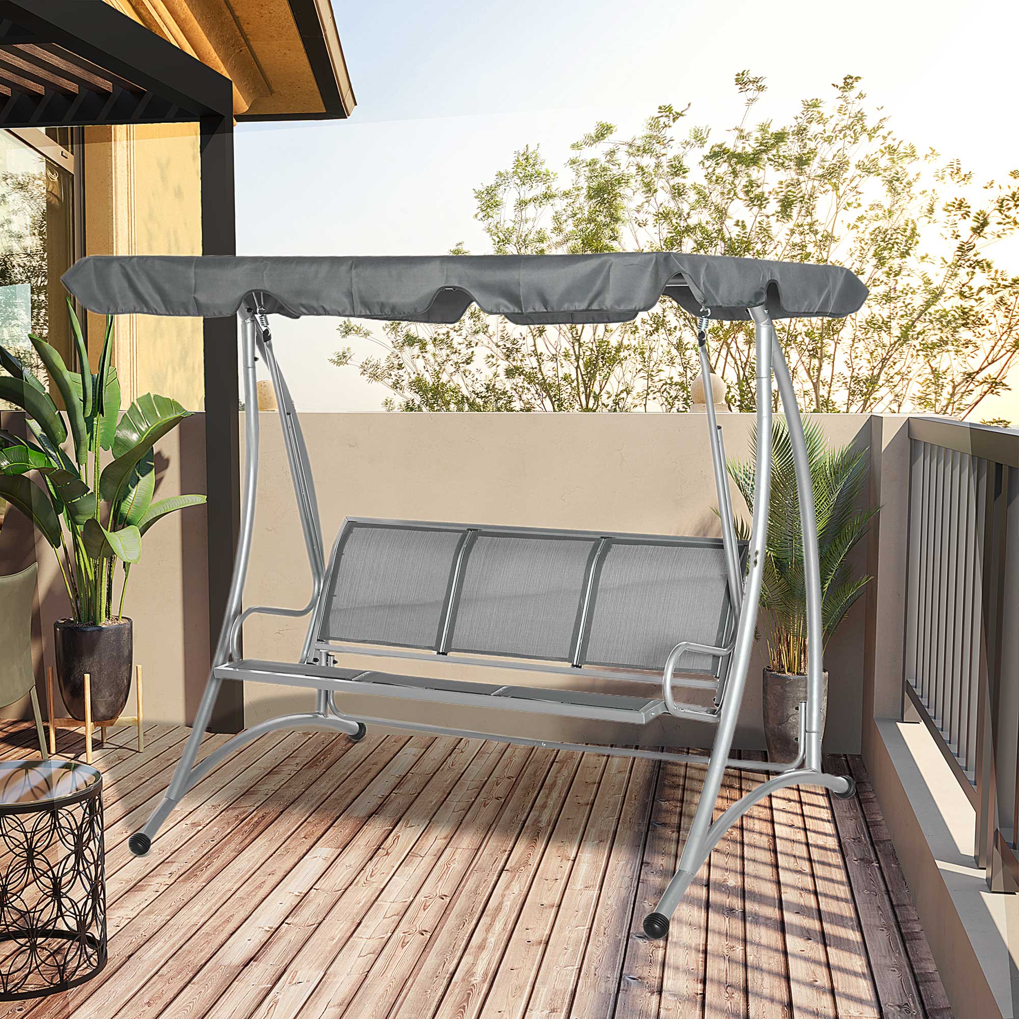 Three Person Steel Outdoor Porch Swing Chair Bench w/ Canopy Cover Grey - Image 2